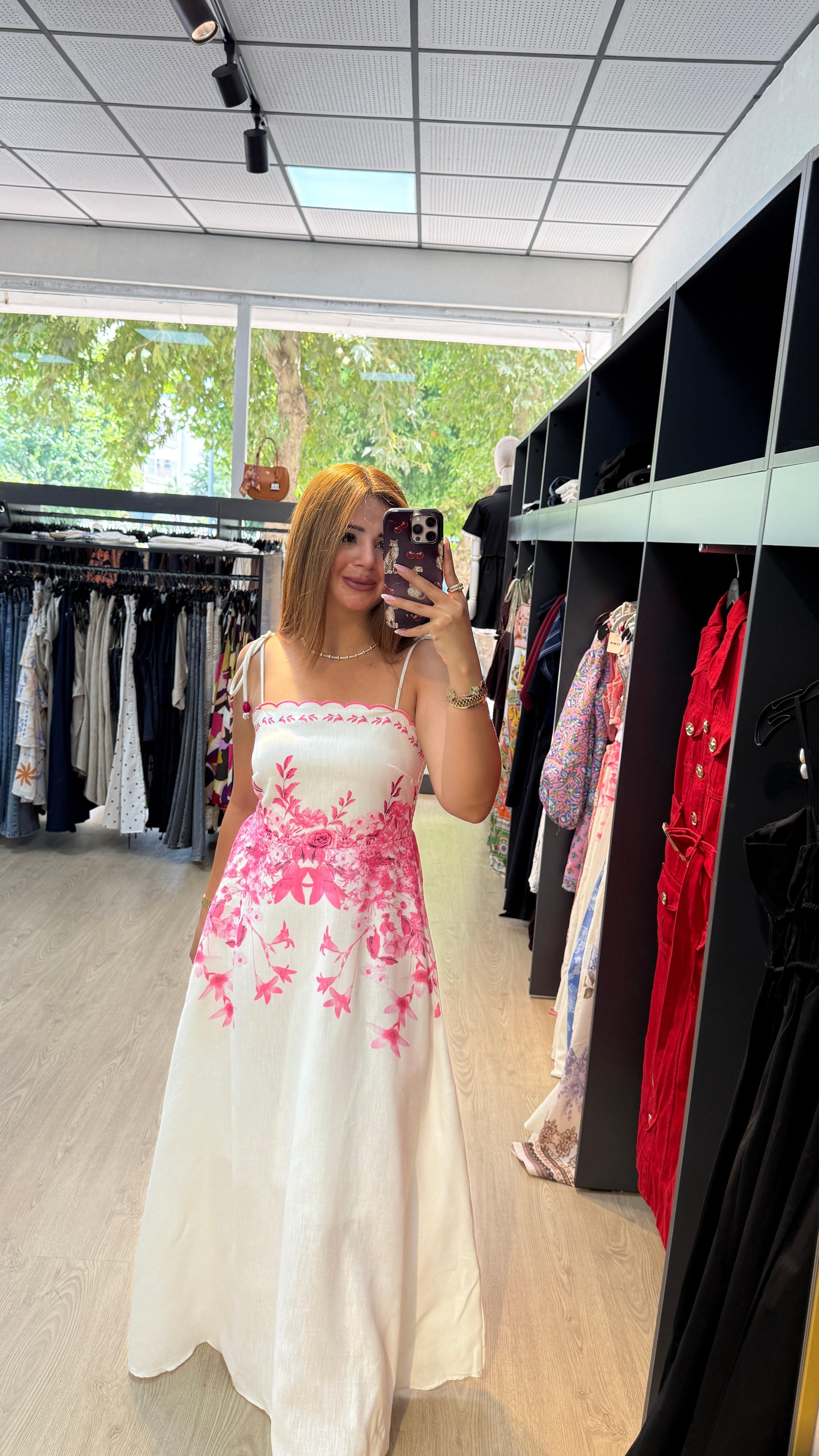 Pembe Desenli Keten Askılı Elbise