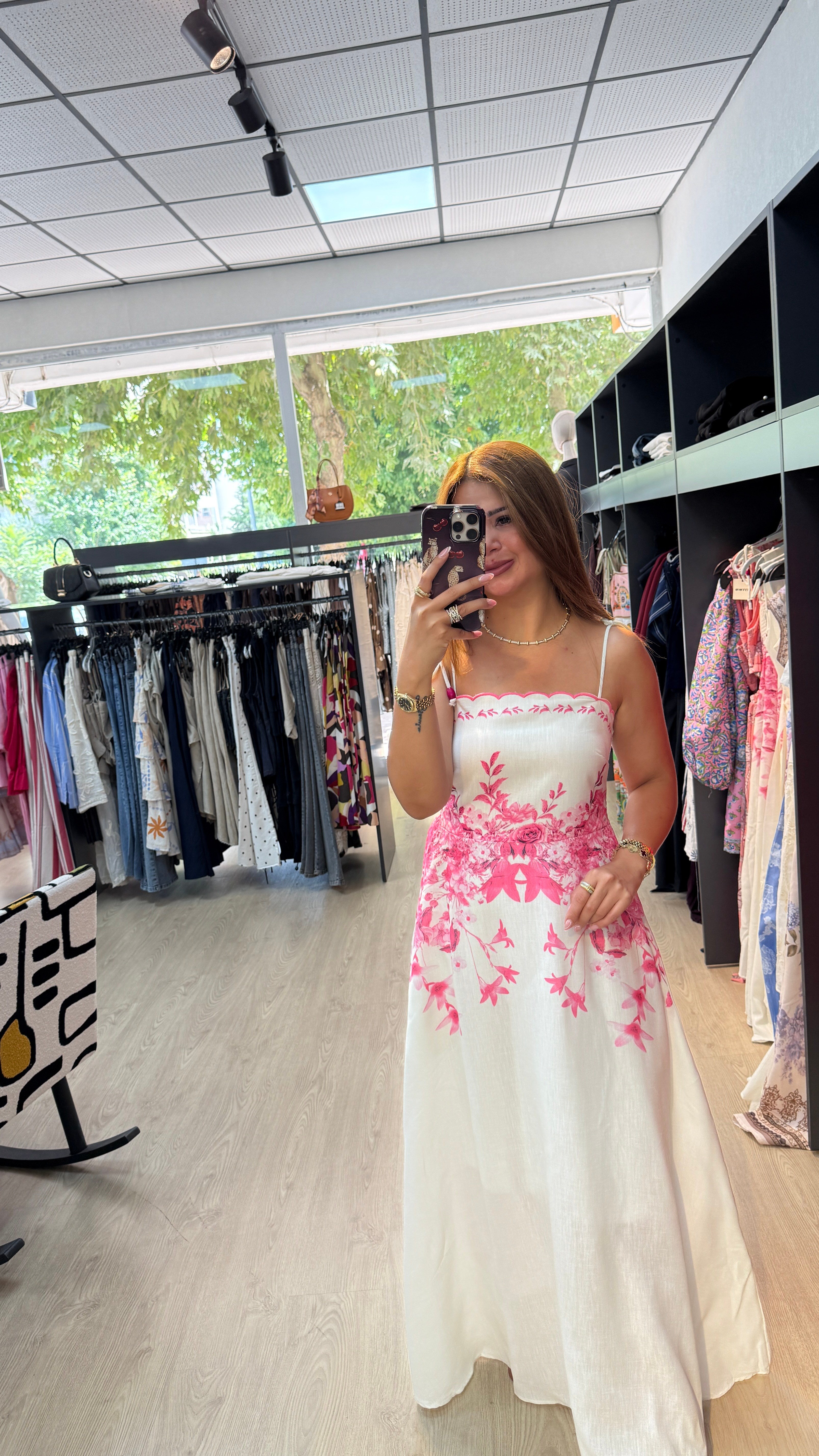 Pembe Desenli Keten Askılı Elbise