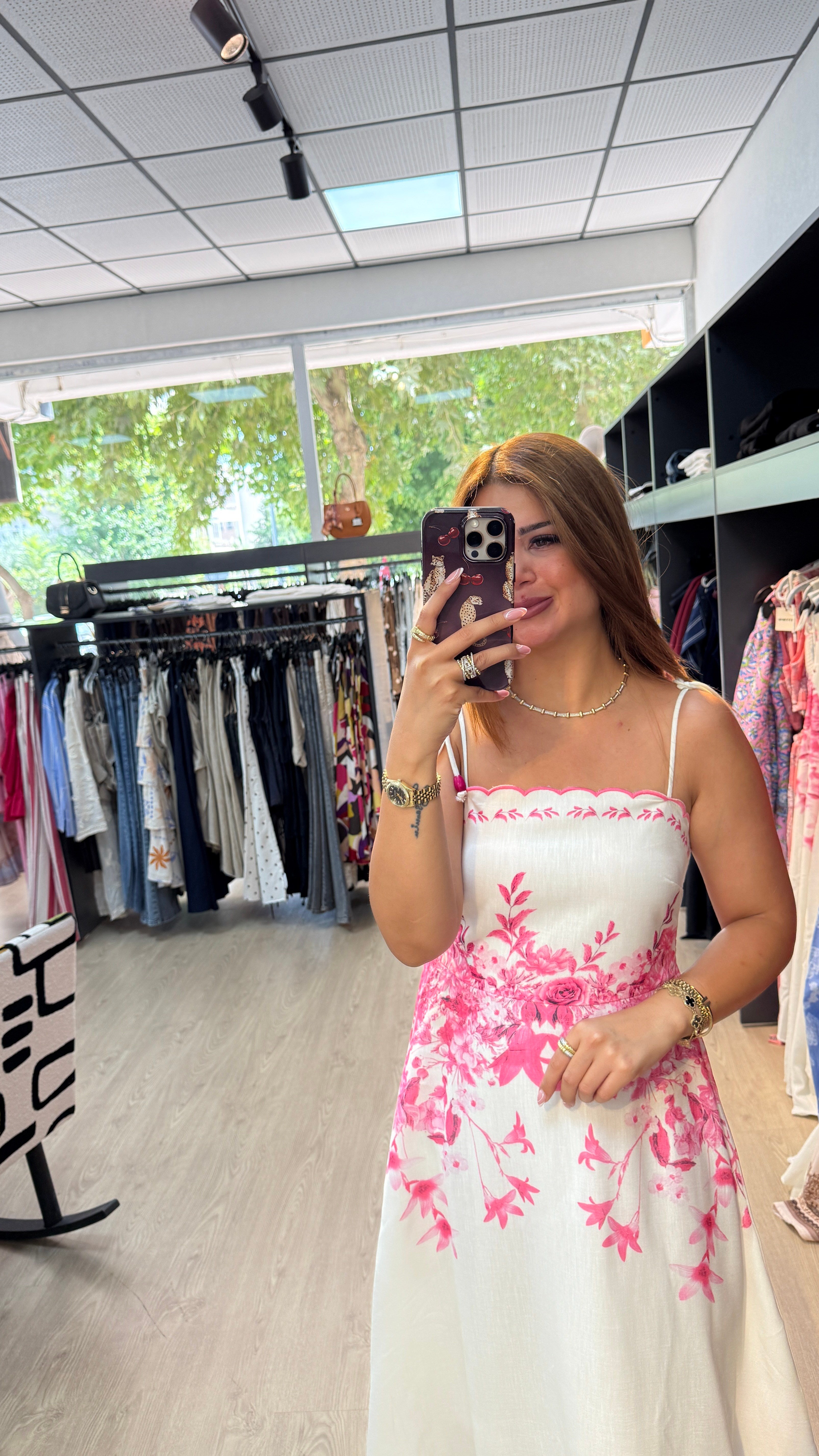 Pembe Desenli Keten Askılı Elbise