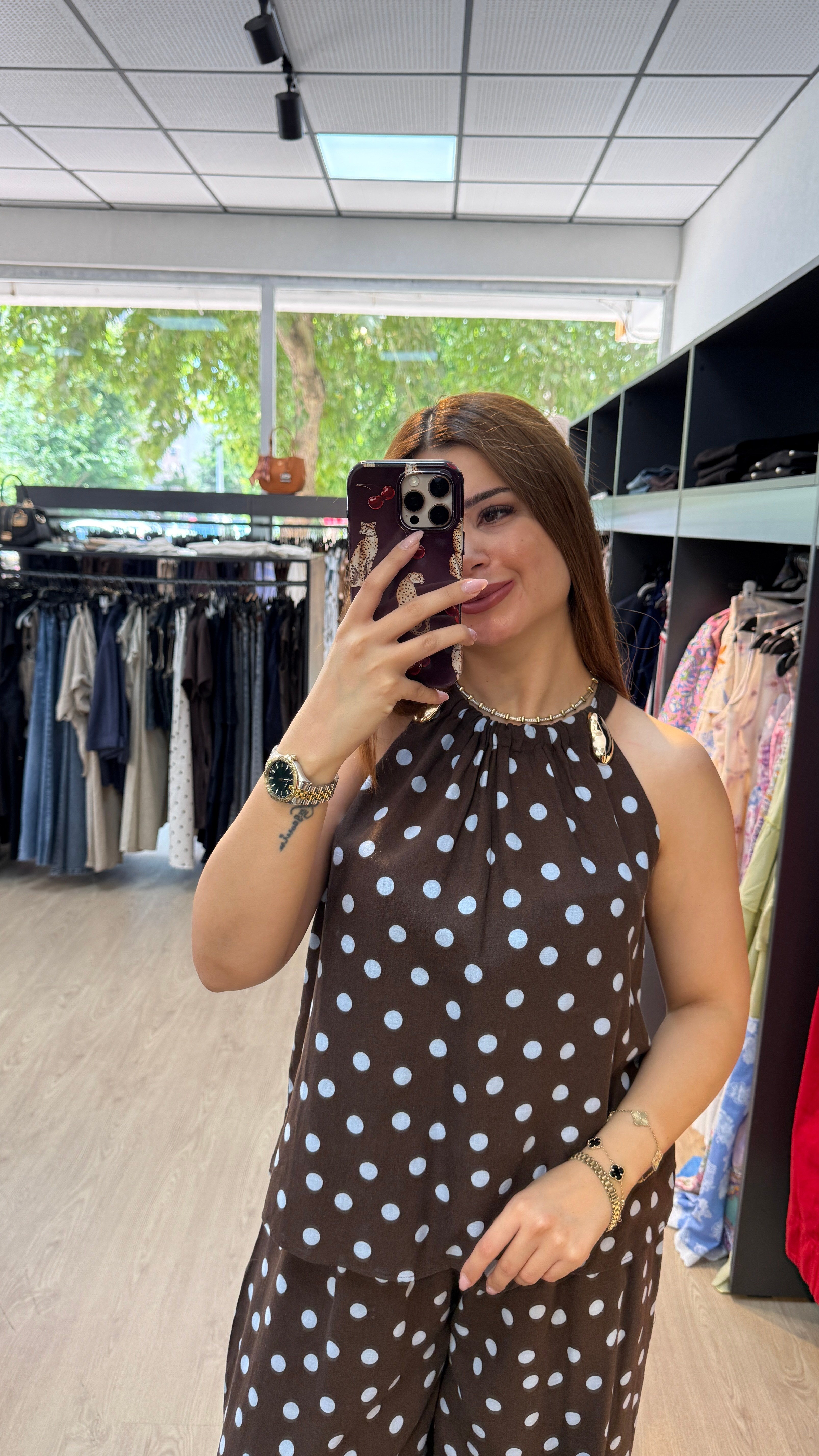 Puantiye Desenli Şalvar Keten Takım