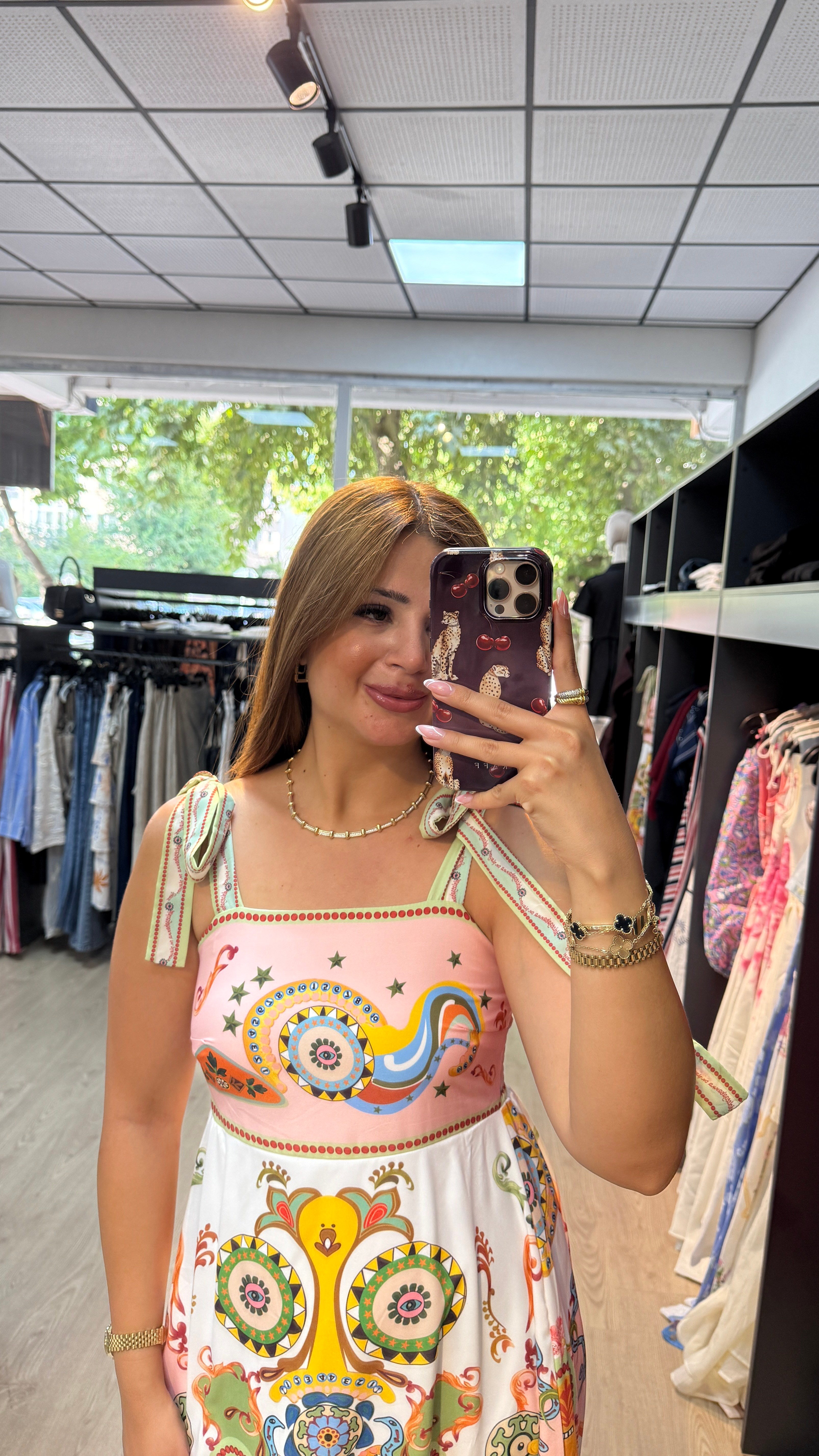 Rengarenk Desenli Askılı Elbise