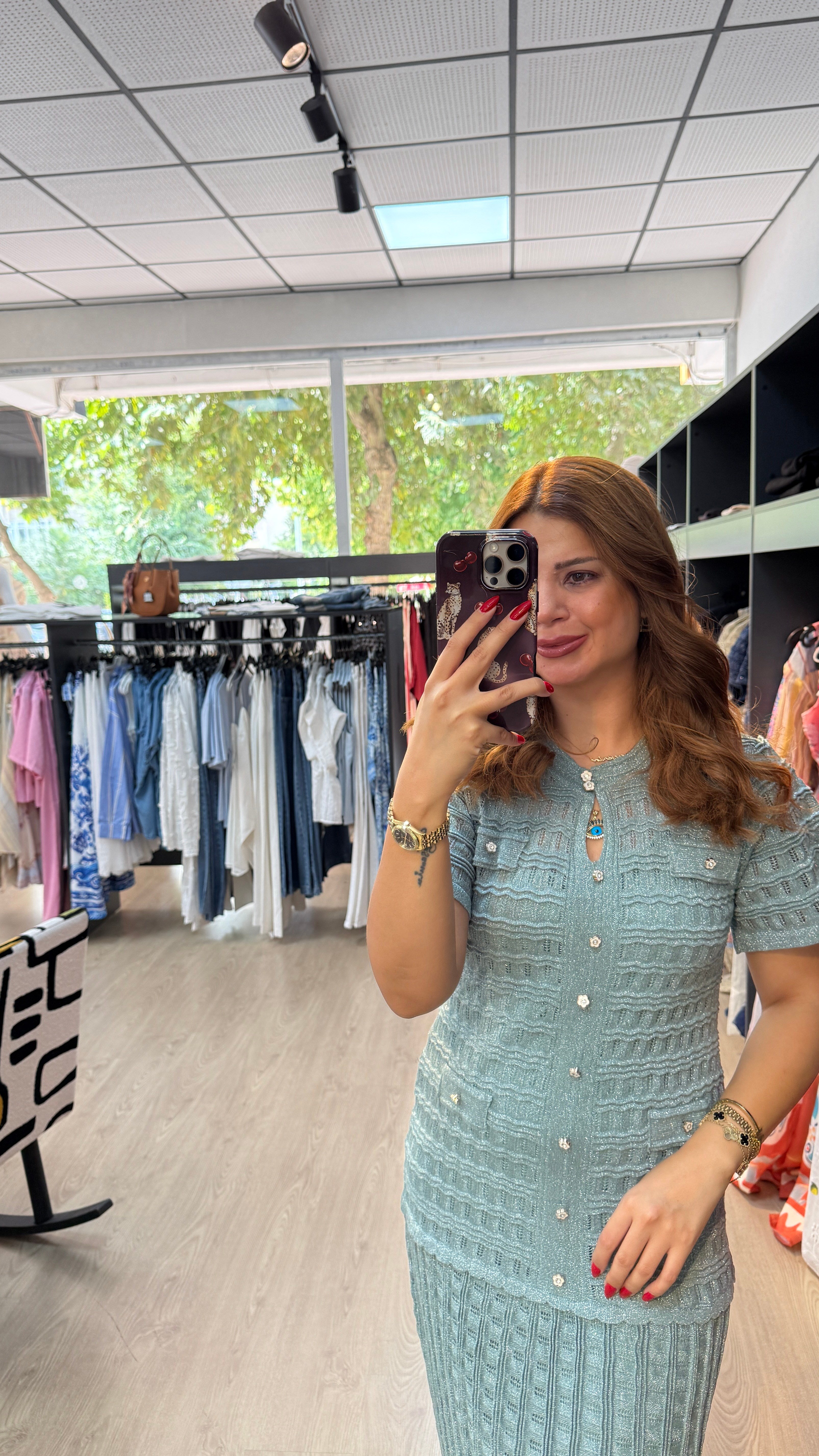 Simli Triko Astarlı Mint Yeşili Elbise