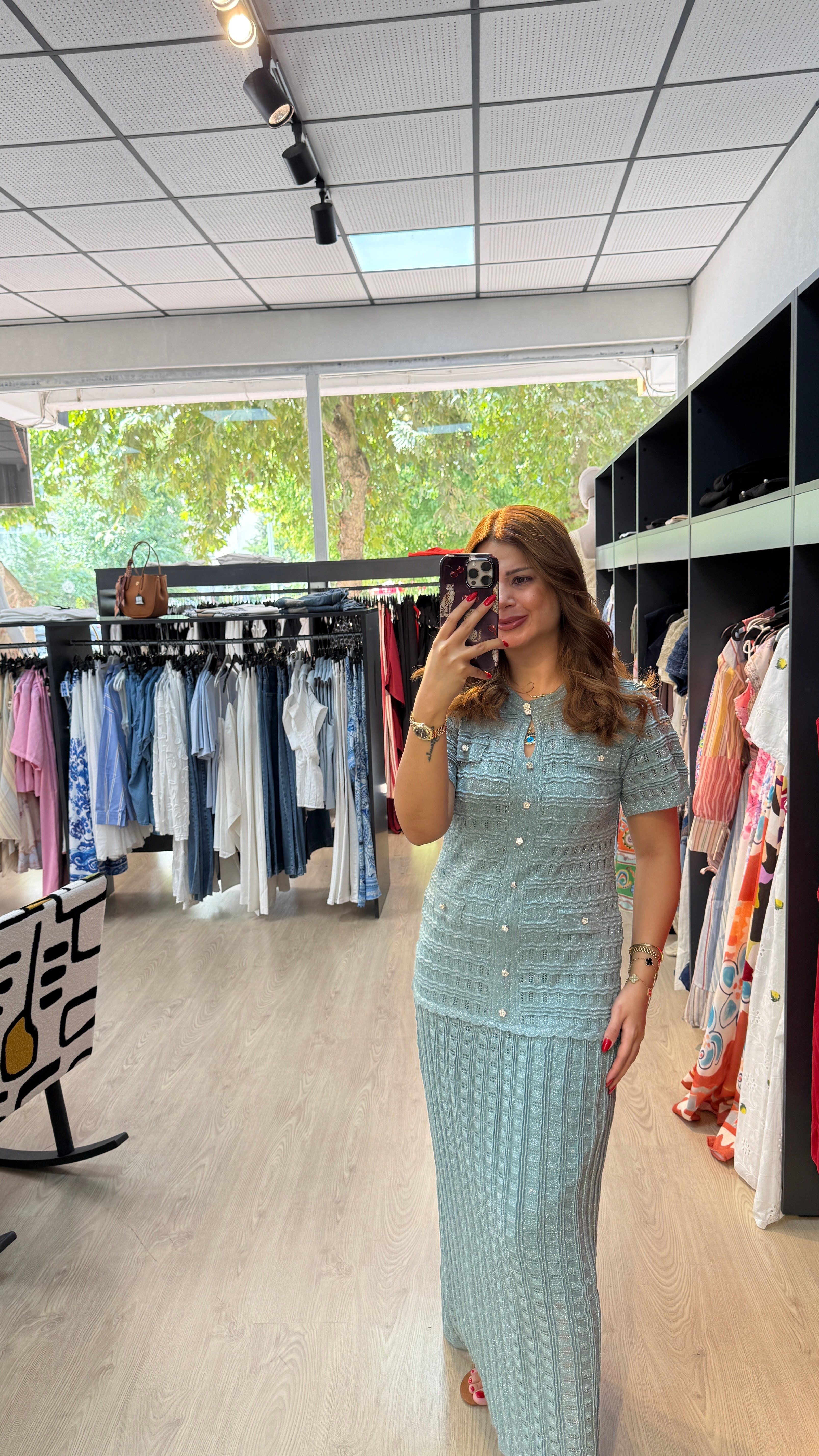 Simli Triko Astarlı Mint Yeşili Elbise