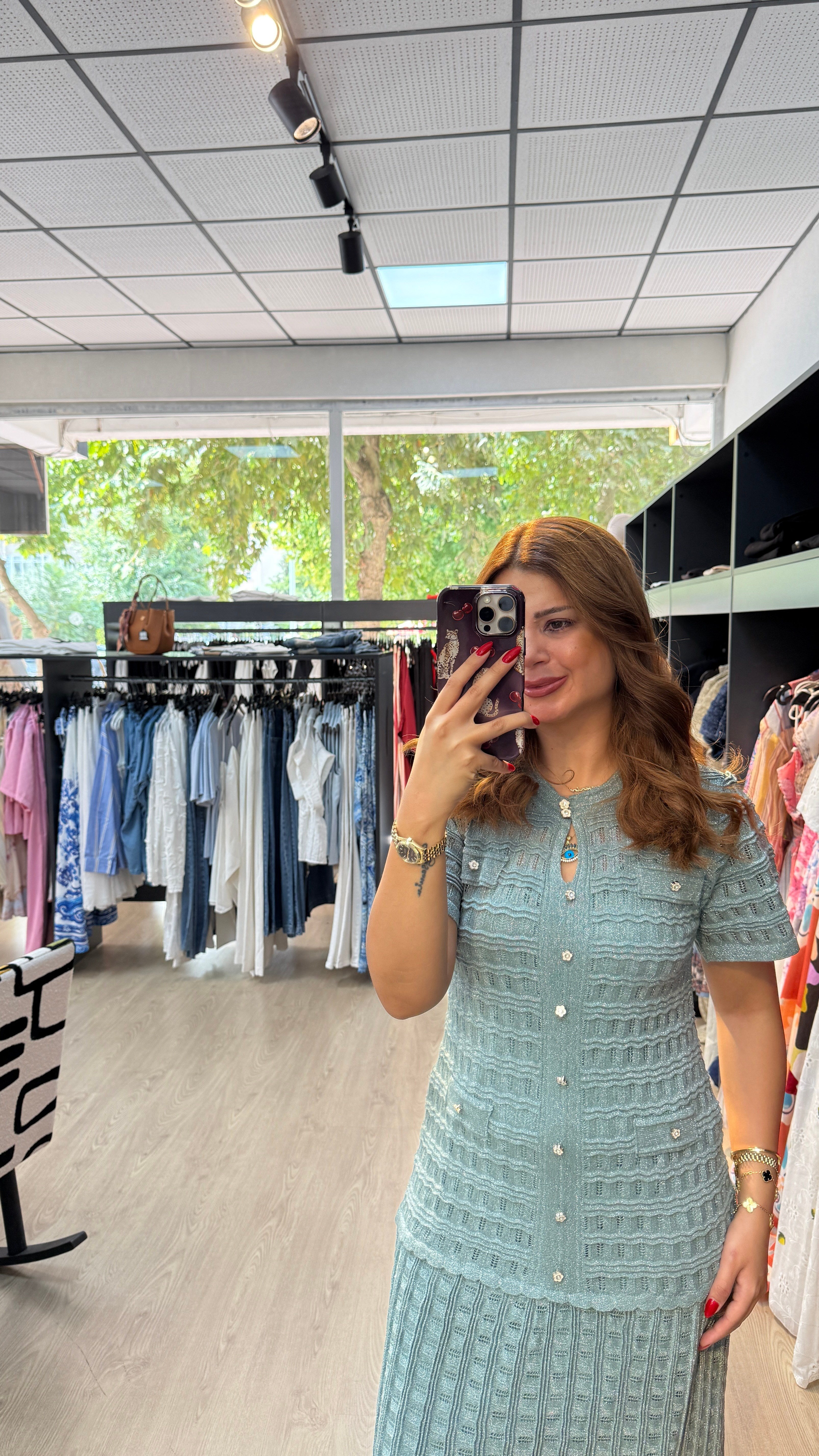 Simli Triko Astarlı Mint Yeşili Elbise