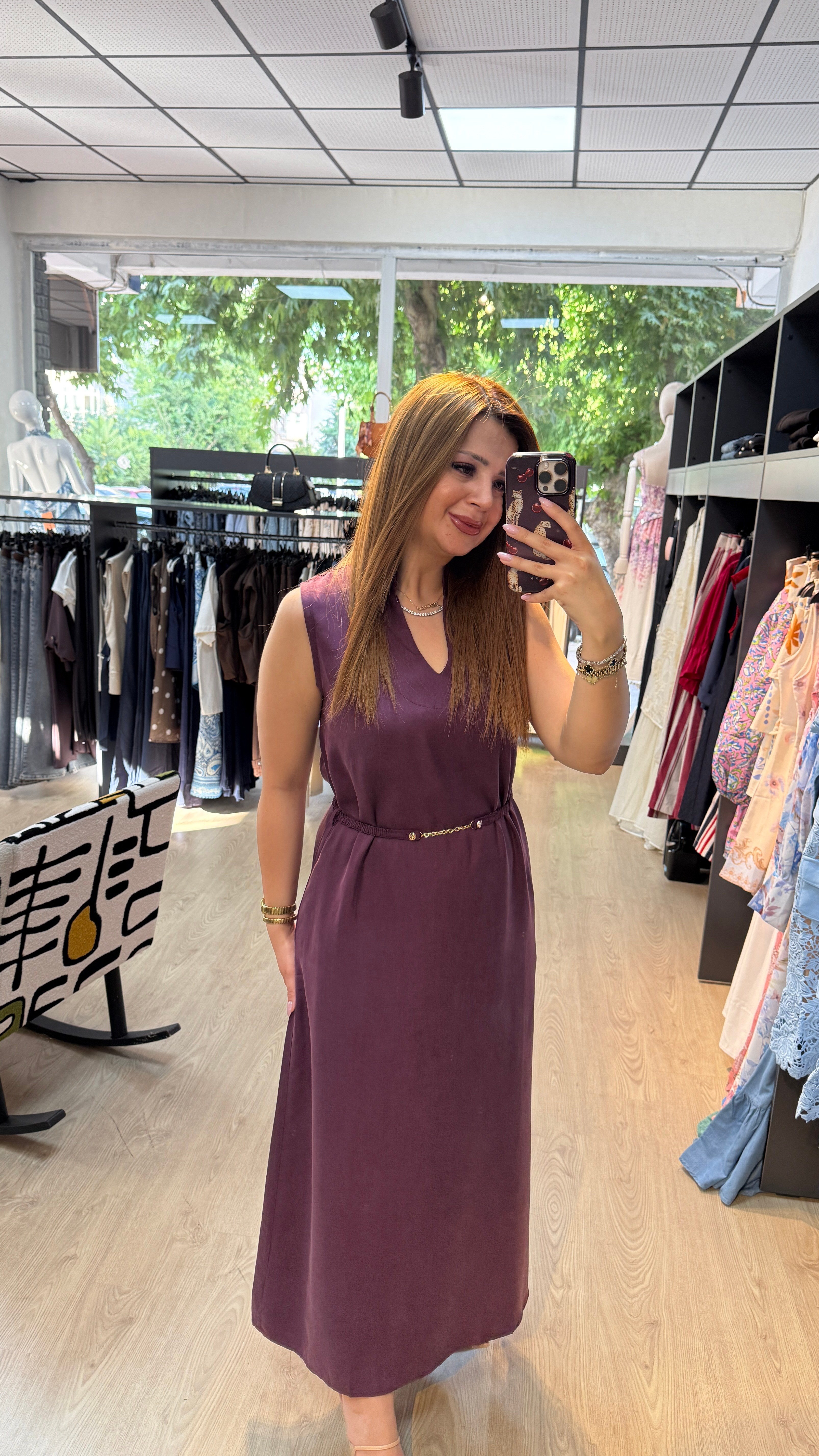 Tensel Kumaş Beli Kemerlİ Bordo Elbise