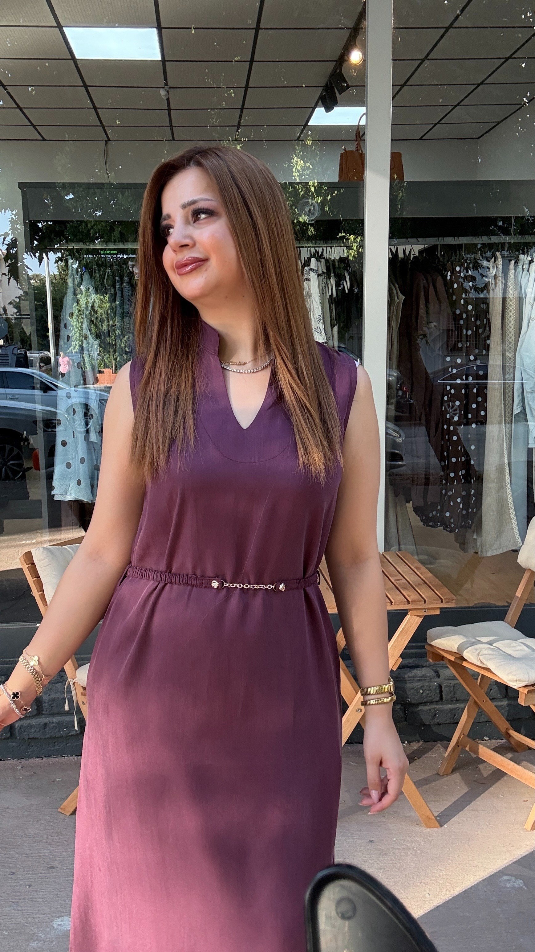 Tensel Kumaş Beli Kemerlİ Bordo Elbise
