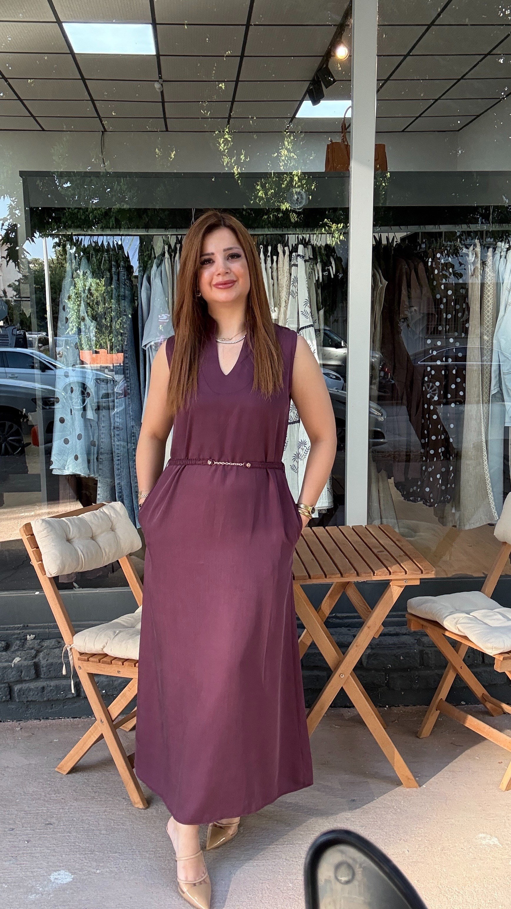 Tensel Kumaş Beli Kemerlİ Bordo Elbise