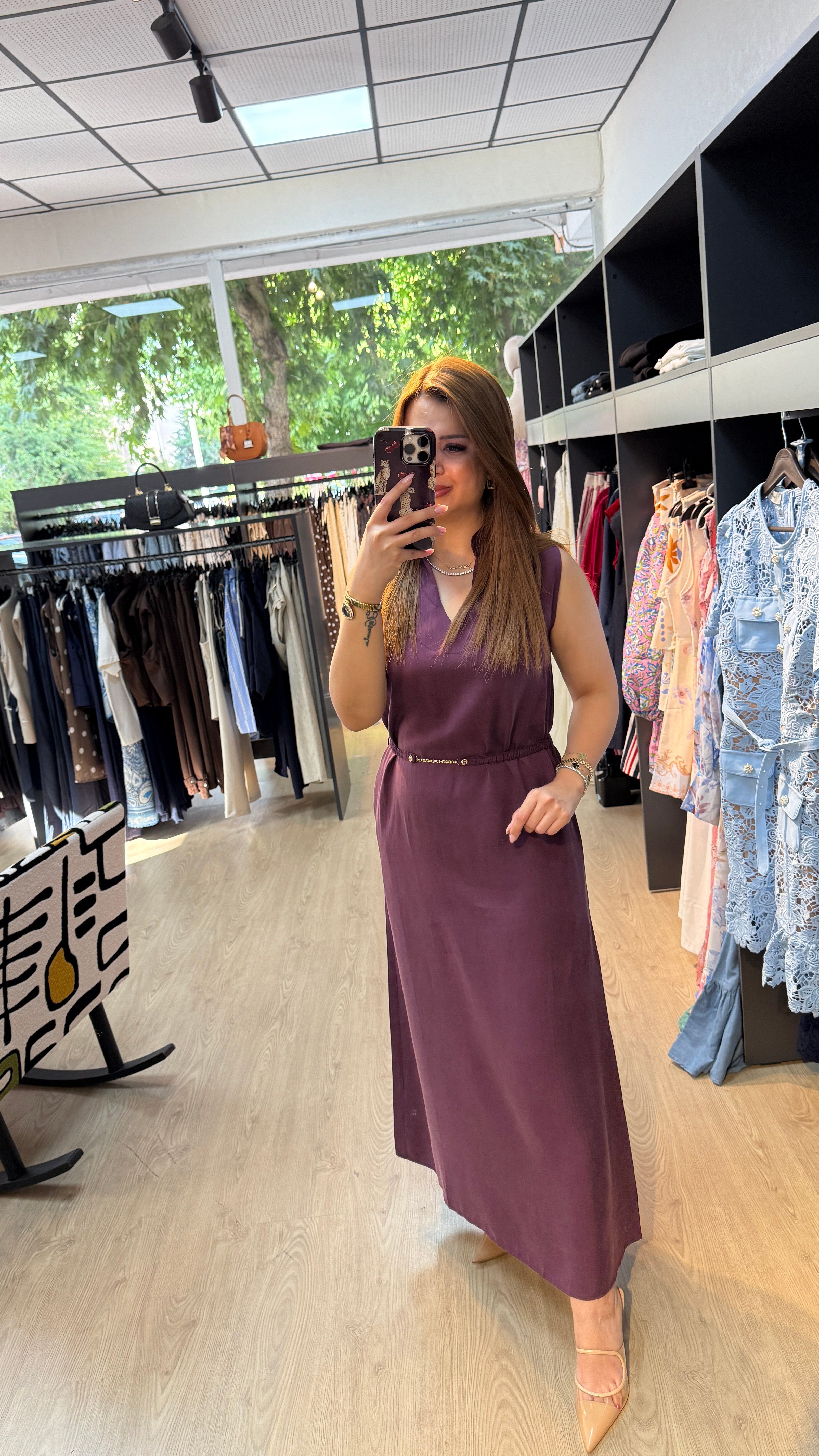 Tensel Kumaş Beli Kemerlİ Bordo Elbise