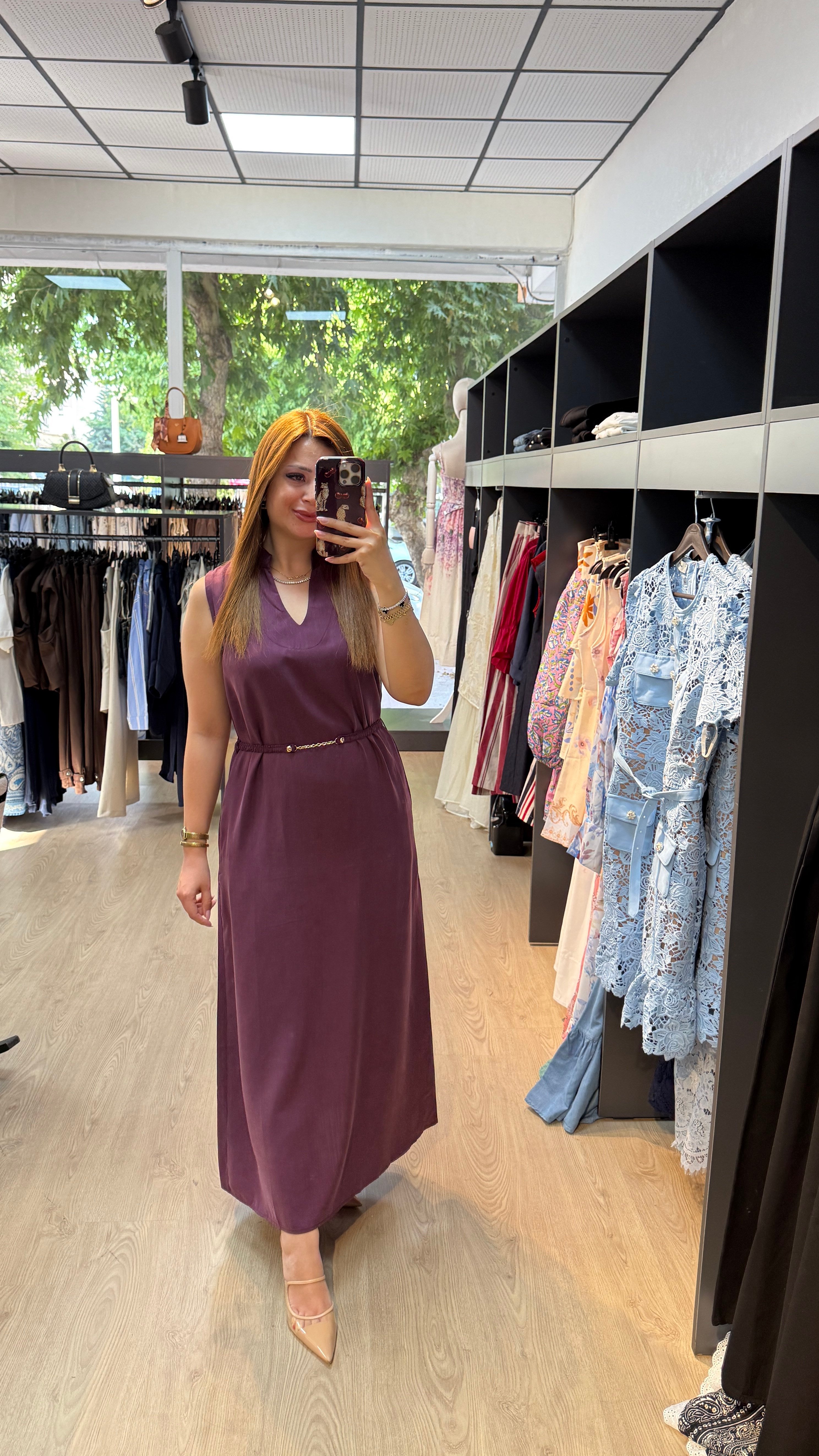 Tensel Kumaş Beli Kemerlİ Bordo Elbise