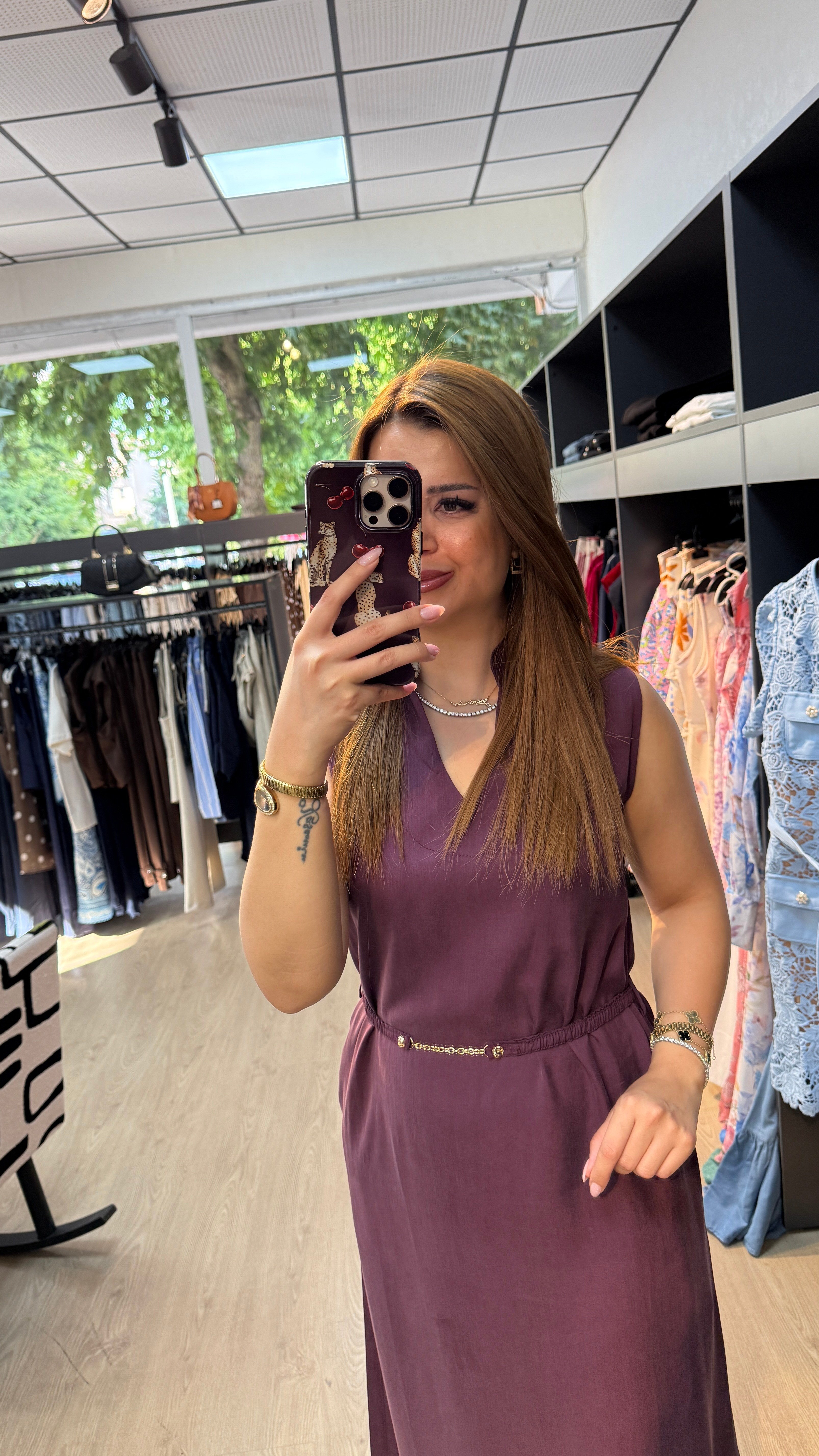 Tensel Kumaş Beli Kemerlİ Bordo Elbise