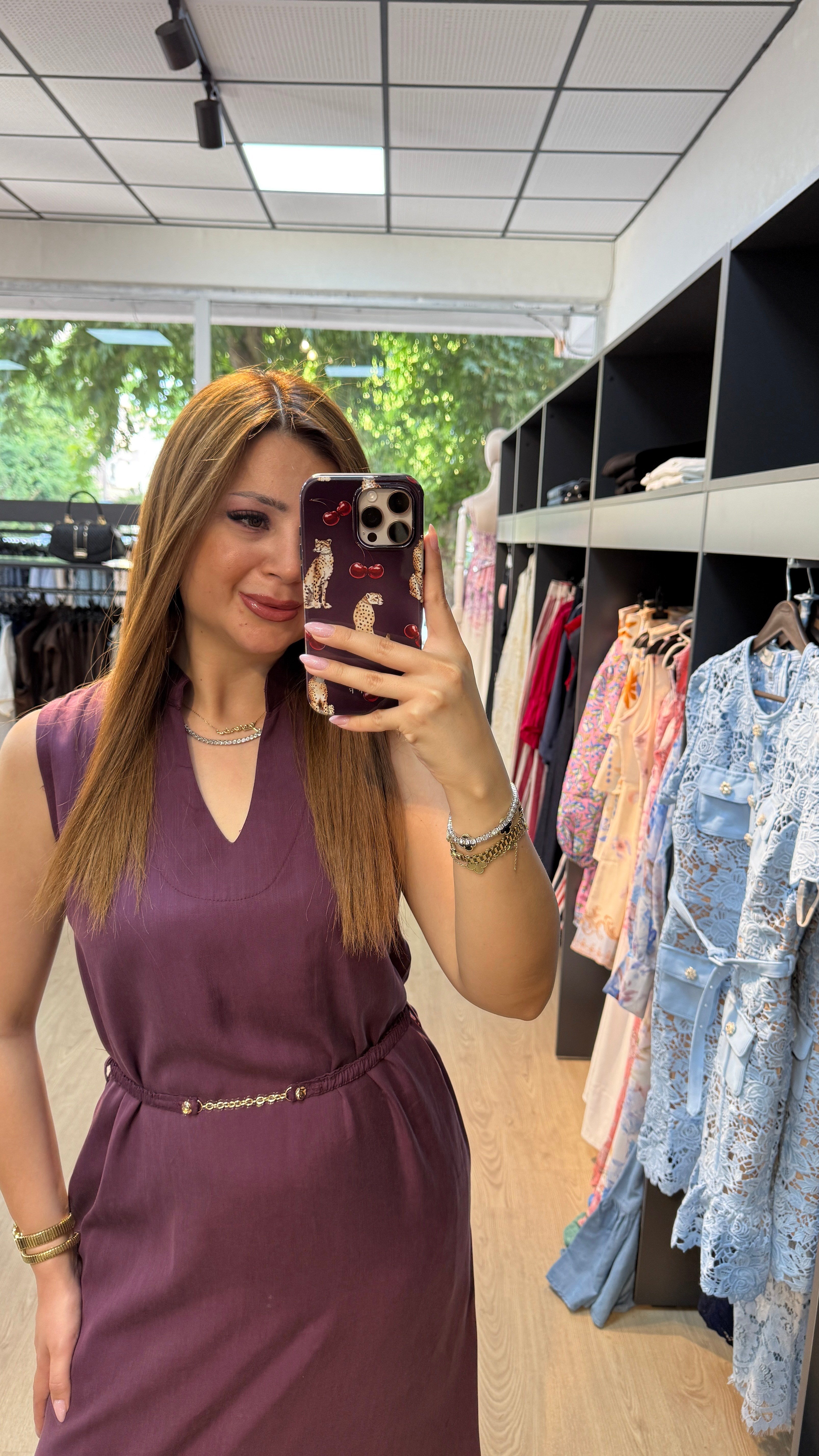 Tensel Kumaş Beli Kemerlİ Bordo Elbise