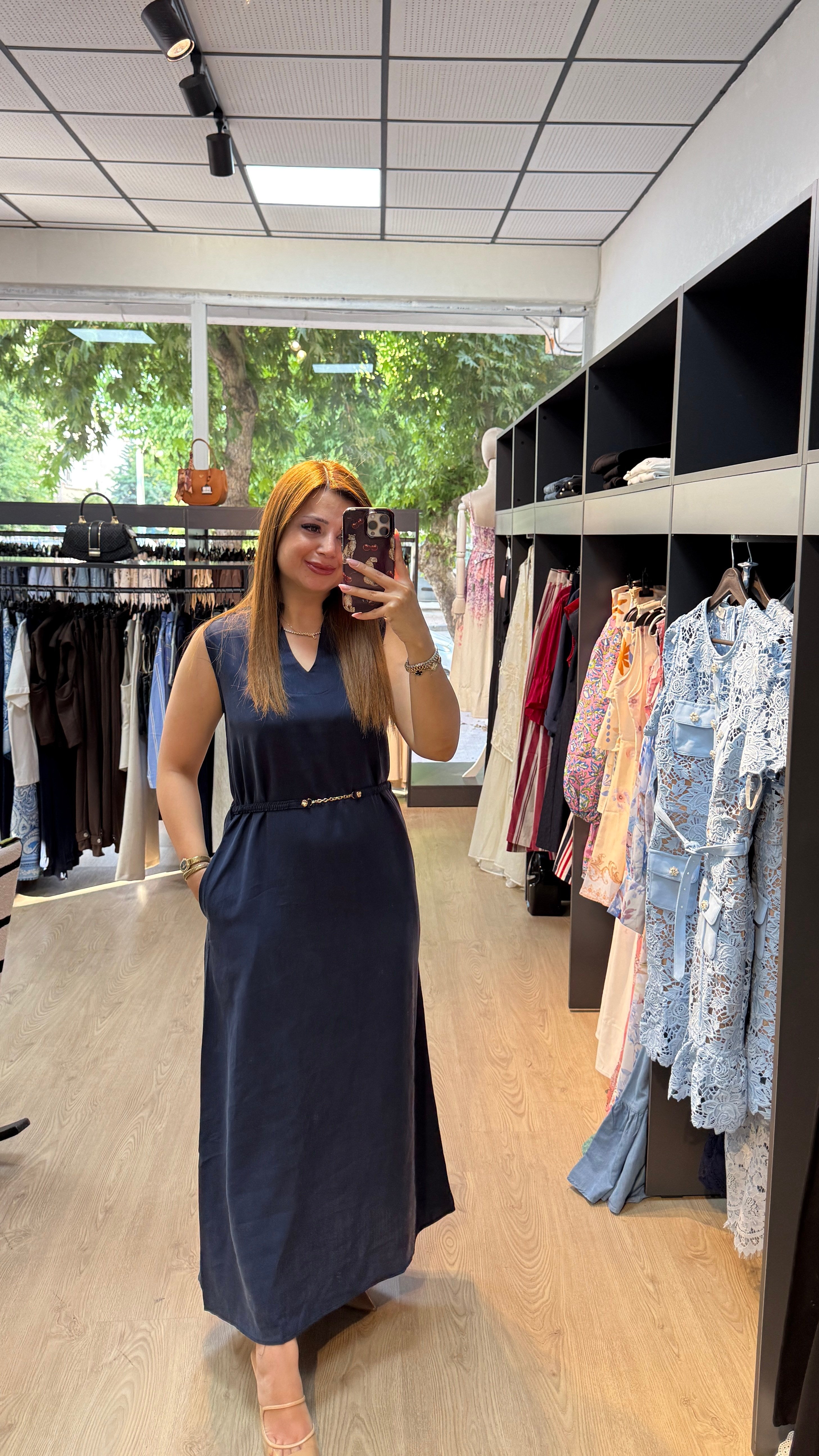 Tensel Kumaş Beli Kemerli Lacivert Elbise