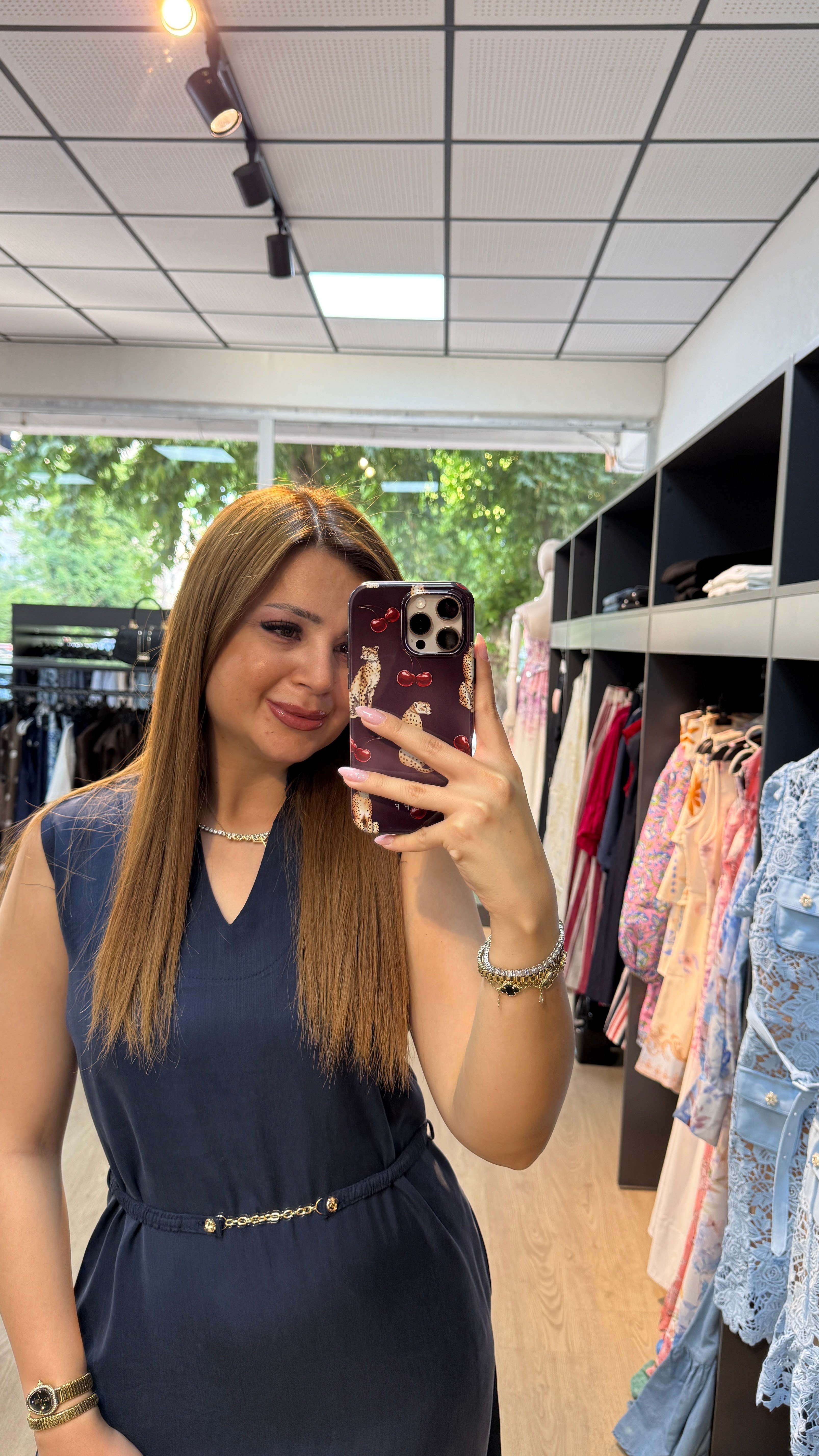 Tensel Kumaş Beli Kemerli Lacivert Elbise
