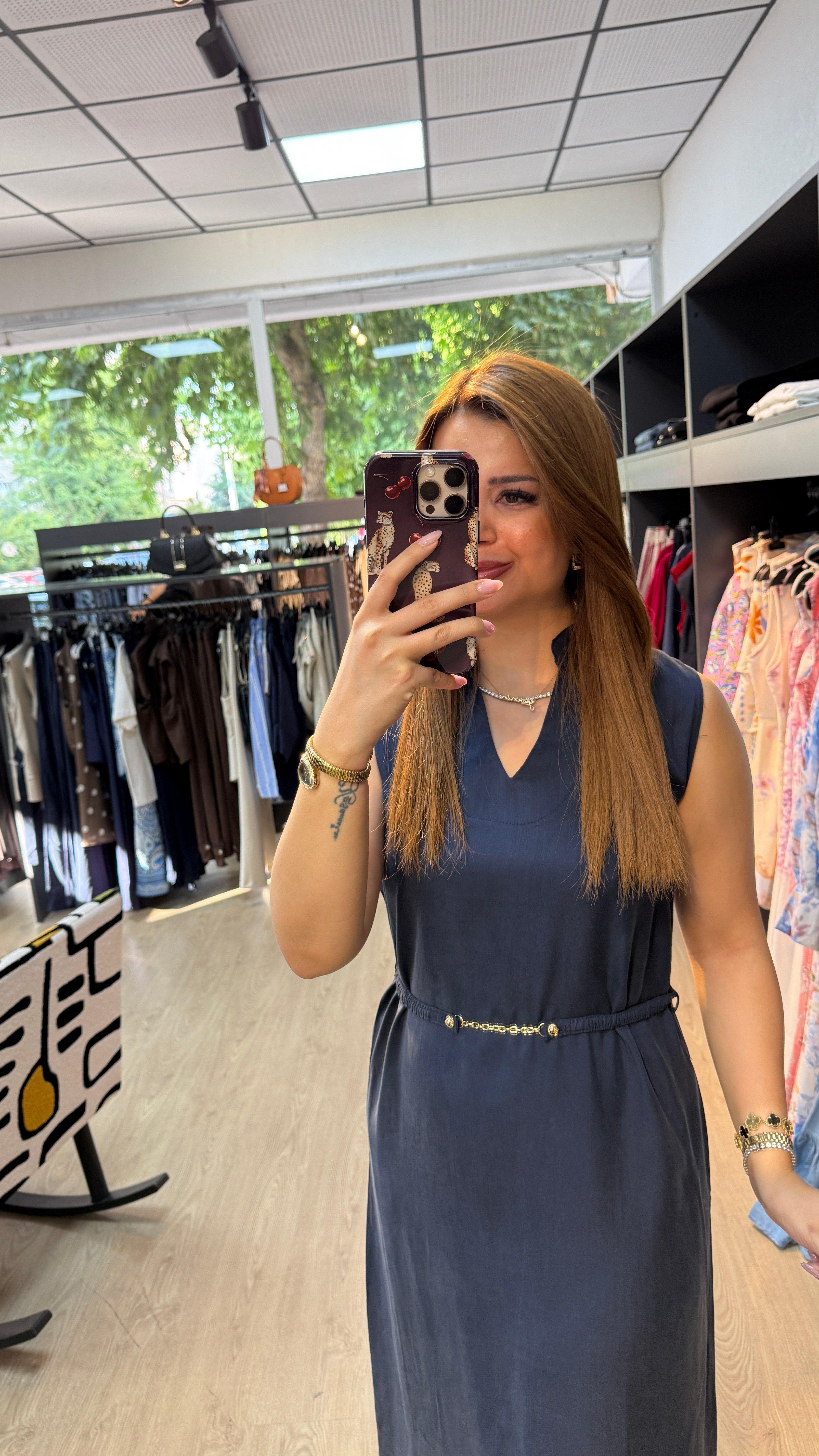 Tensel Kumaş Beli Kemerli Lacivert Elbise