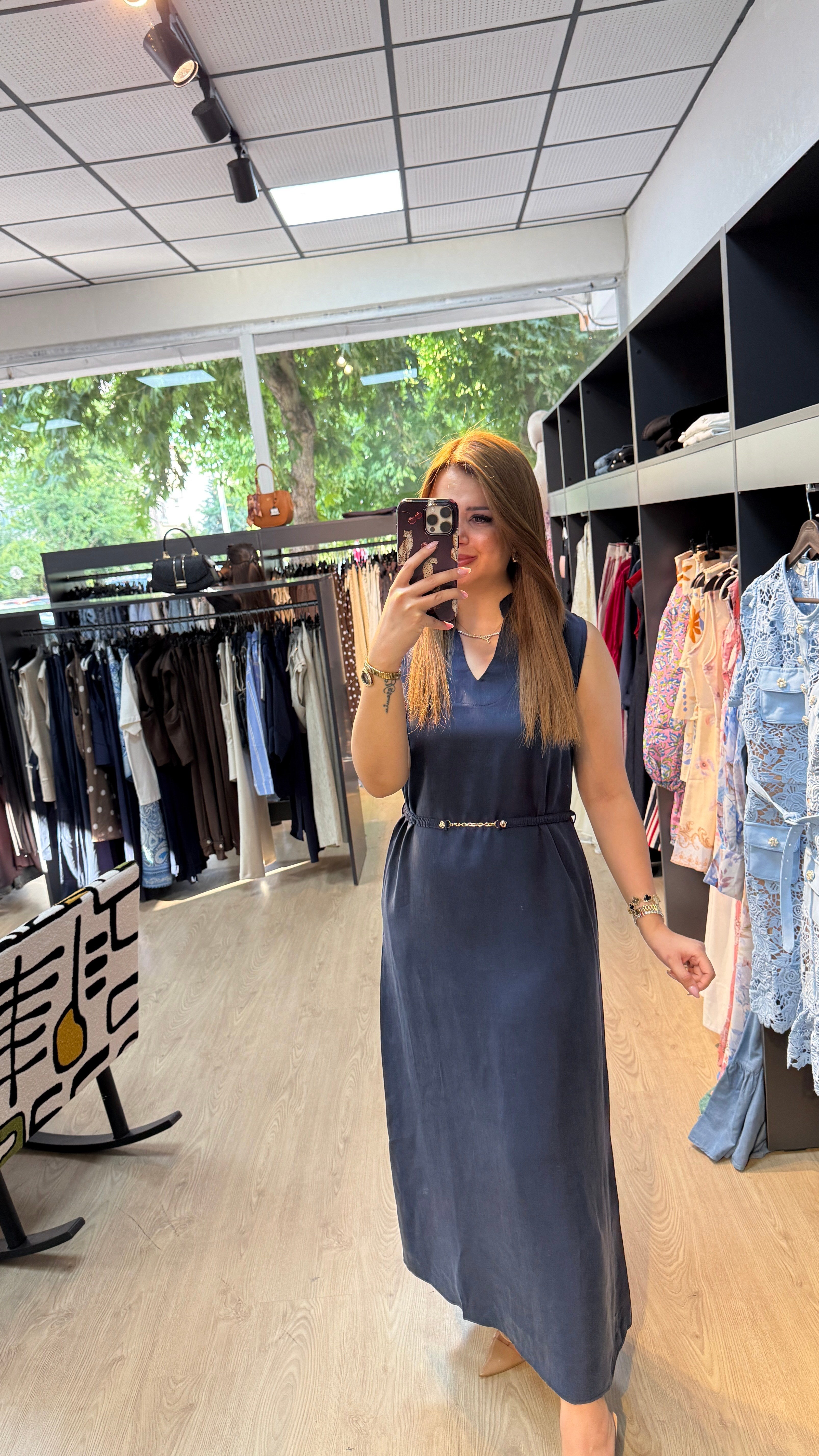 Tensel Kumaş Beli Kemerli Lacivert Elbise
