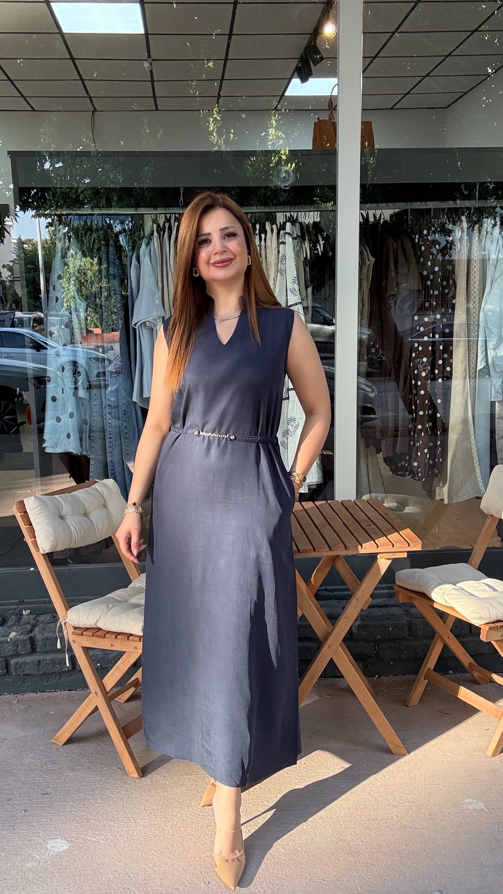 Tensel Kumaş Beli Kemerli Lacivert Elbise