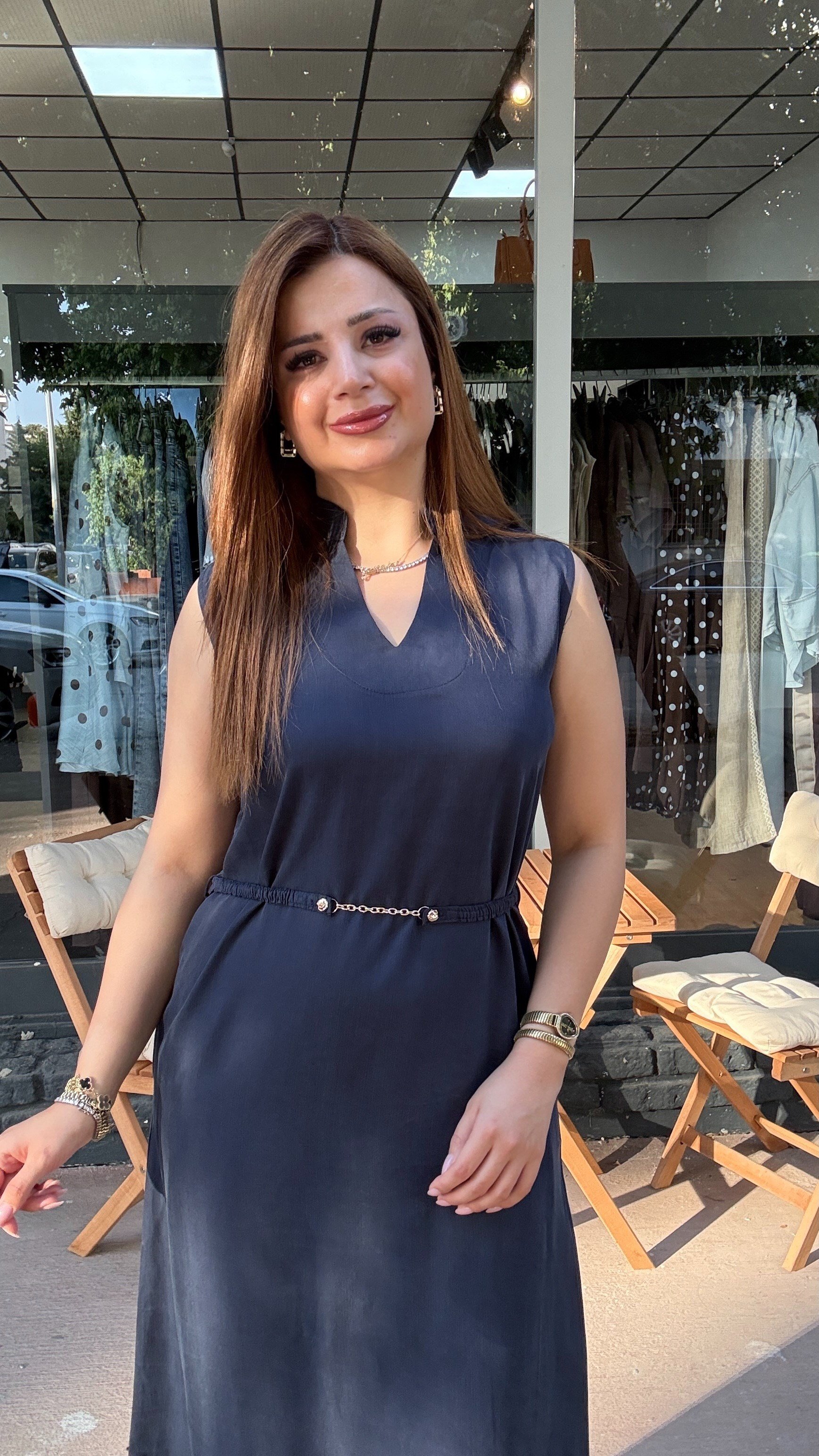 Tensel Kumaş Beli Kemerli Lacivert Elbise