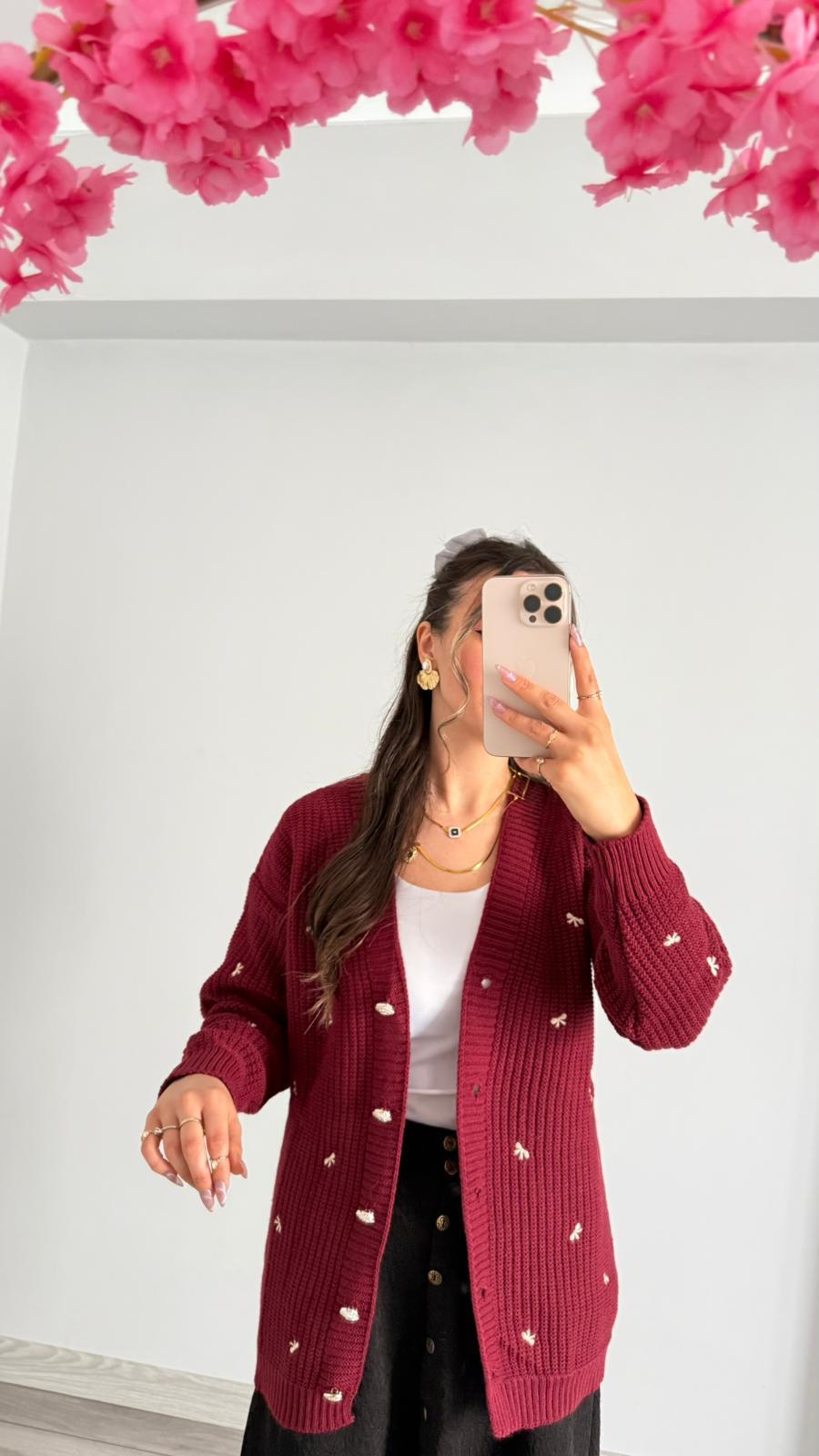 FİYONK DETAYLI HIRKA BORDO
