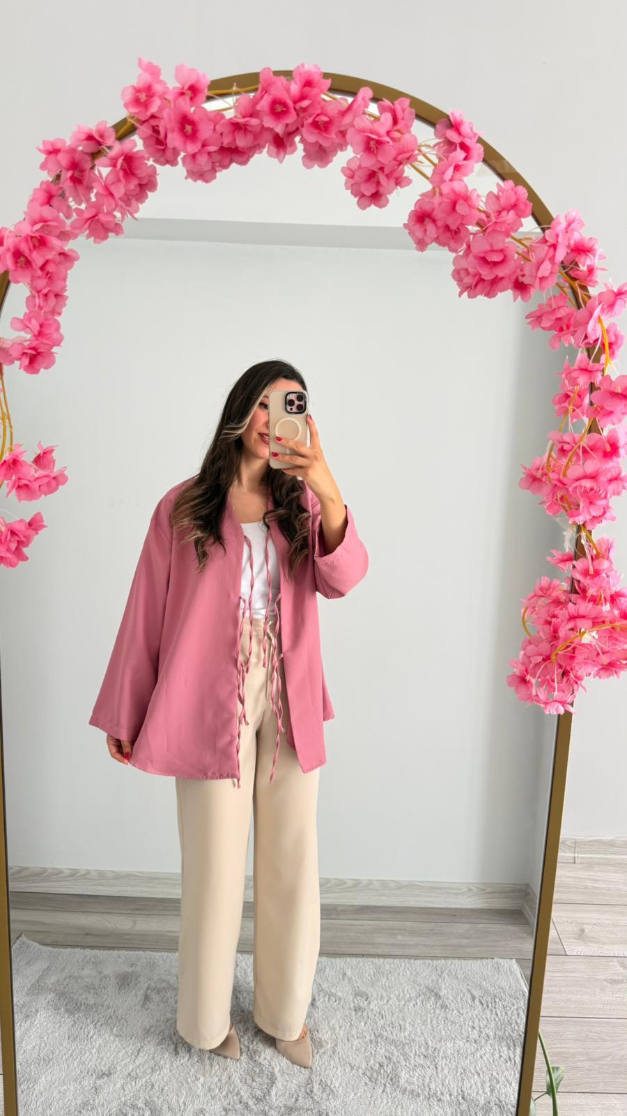 PEMBE BAĞLAMALI KİMONO