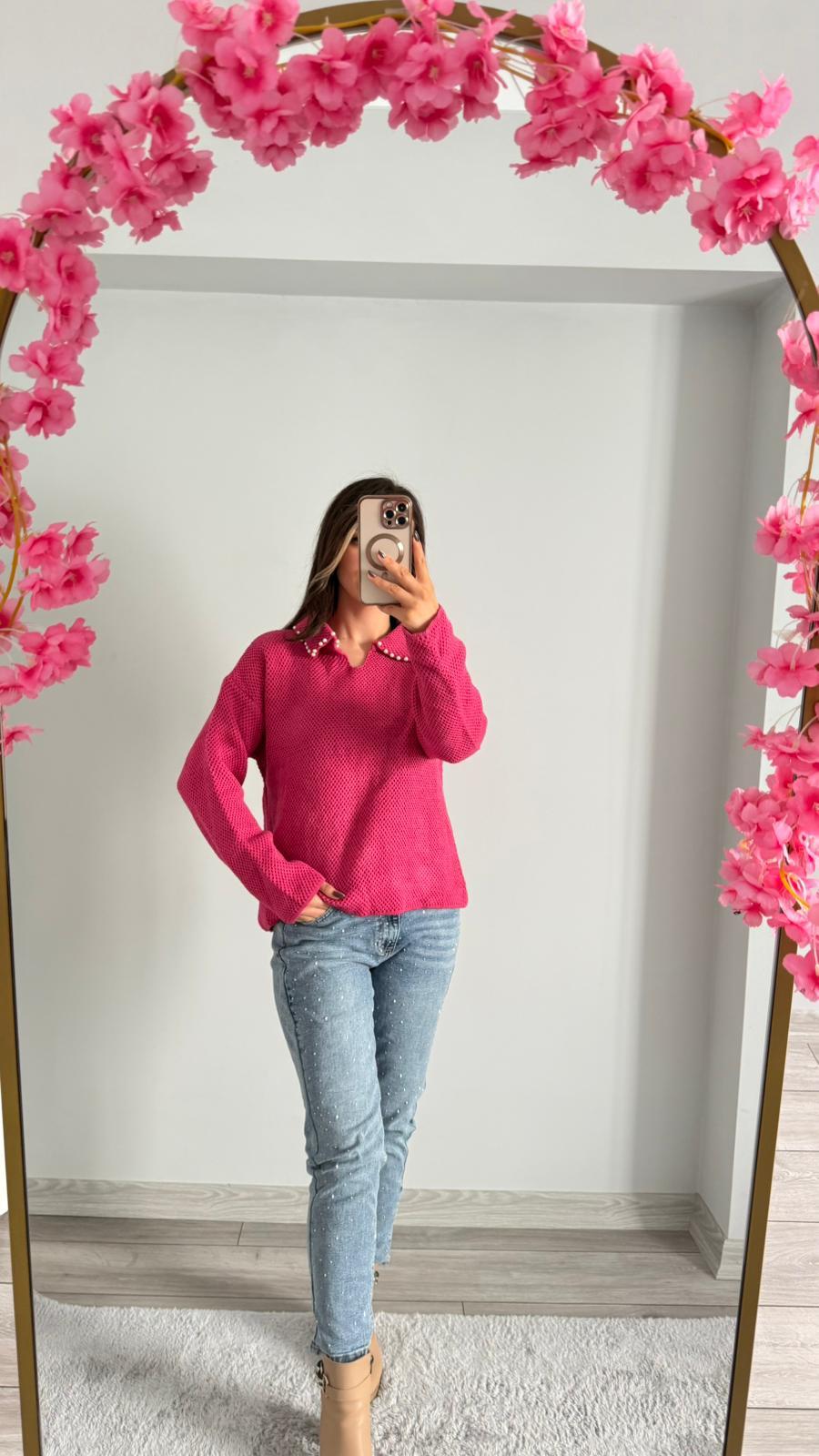 YAKASI BONCUK İŞLEMELİ KAZAK PEMBE