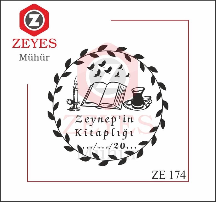 Kitap Çay Mum Yaprak Desen Çerçeveli Kitap Mührü ZE 174