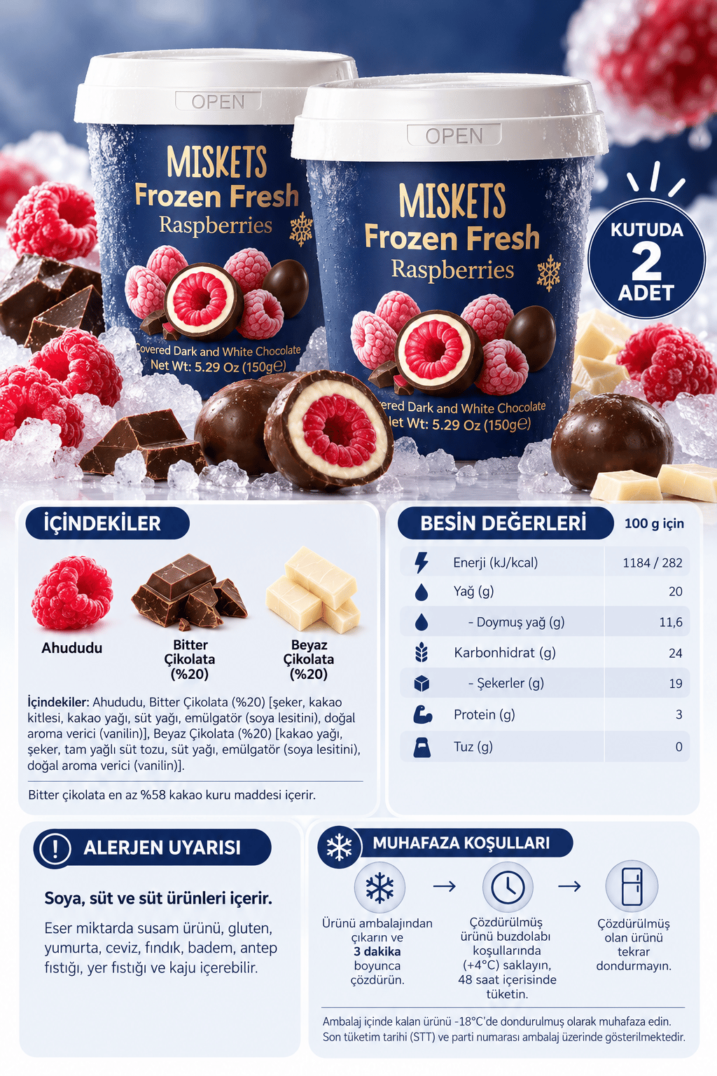 Frozen Fresh Tanışma Paketi Çikolata Kaplı Dondurulmuş Frambuaz 150 g x 2 Adet