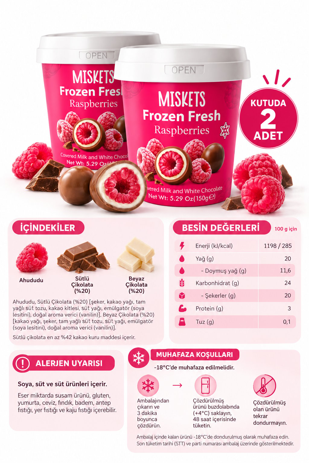 Frozen Fresh Tanışma Paketi Çikolata Kaplı Dondurulmuş Frambuaz 150 g x 2 Adet