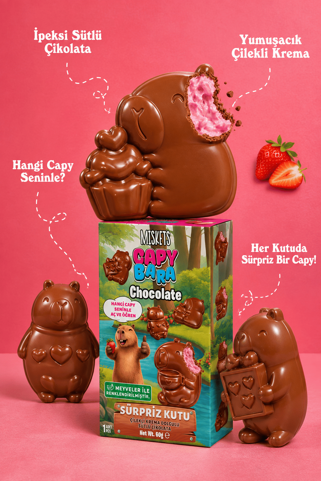 Miskets Capybara – Çilekli Krema Dolgulu Sütlü Çikolata 60 g x 4 Adet