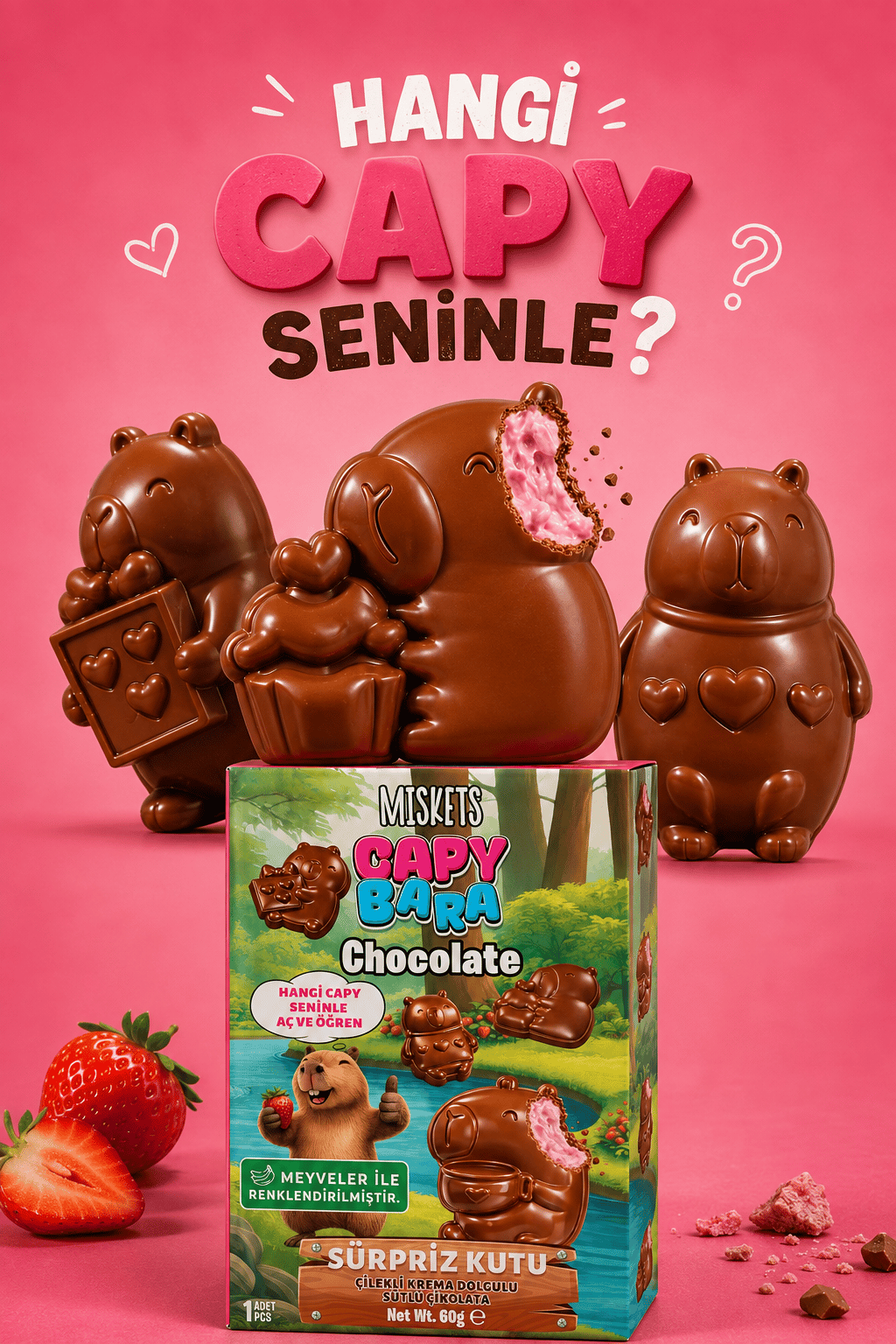 Miskets Capybara – Çilekli Krema Dolgulu Sütlü Çikolata 60 g x 4 Adet