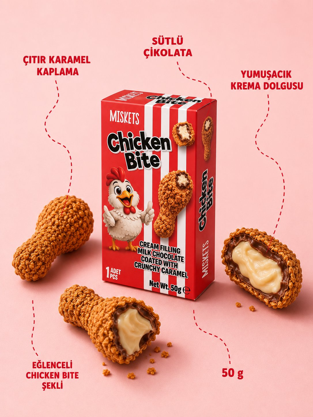 Miskets Chicken Bite Tavuk Budu Çikolata – Akışkan Karamelize Bisküvi Kaplı Krema Dolgulu Çikolata(4'lü Paket) 50 g x 4 Adet