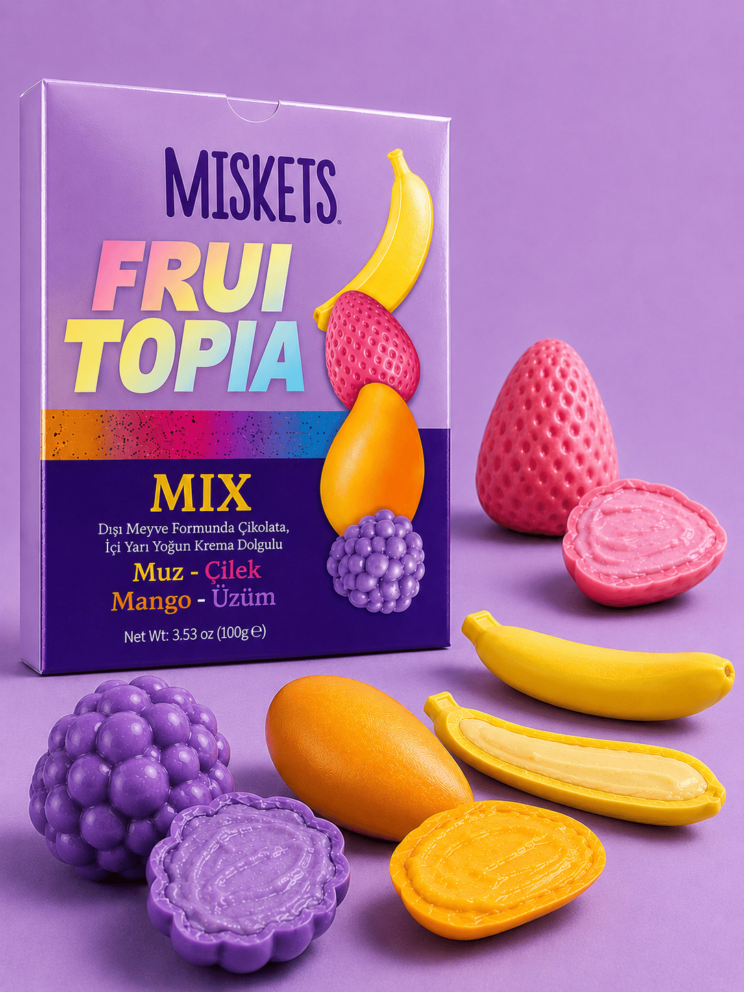 Miskets Fruitopia Mix Krema Dolgulu Meyve Şekilli Çikolata 3'lü Paket 3 x 100 g