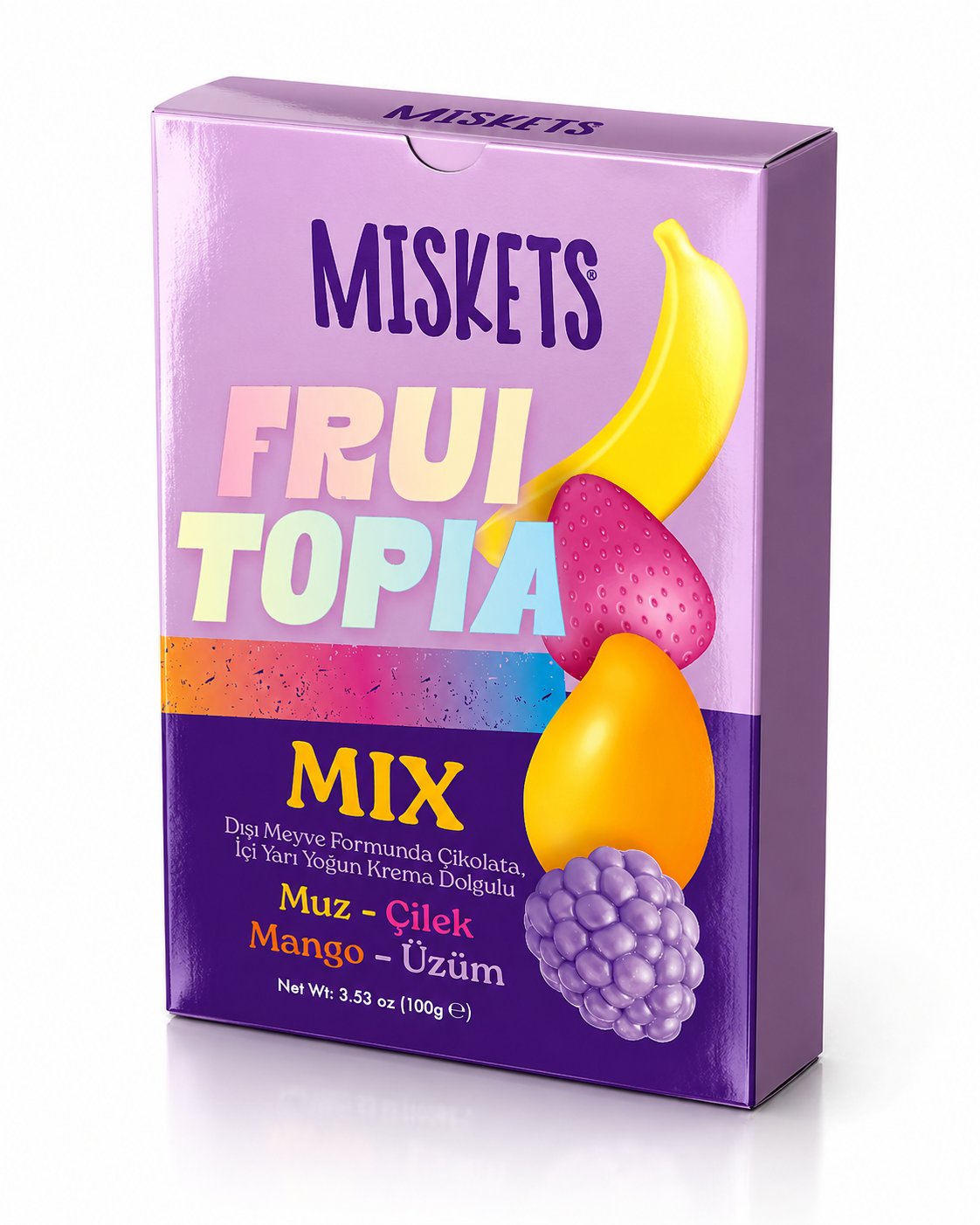 Miskets Fruitopia Mix Meyve Formunda Krema Dolgulu Sütlü Çikolata 100 Gr x 6 Adet | Muz, Çilek, Mango ve Üzüm Aromalı Ekonomik Paket
