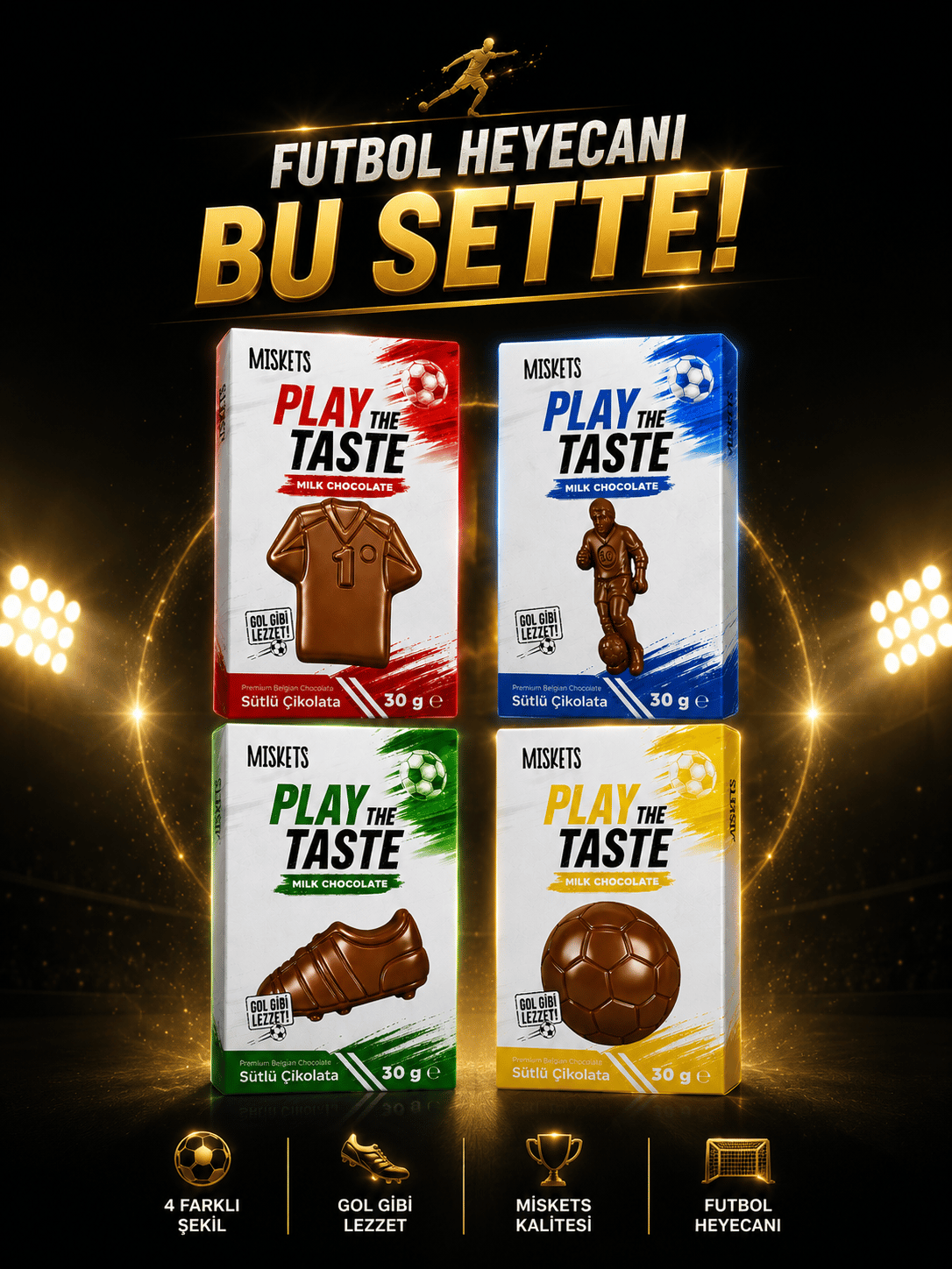 Miskets Play The Taste Futbol Koleksiyonu Şekilli Sütlü Çikolata 4'lü Set
