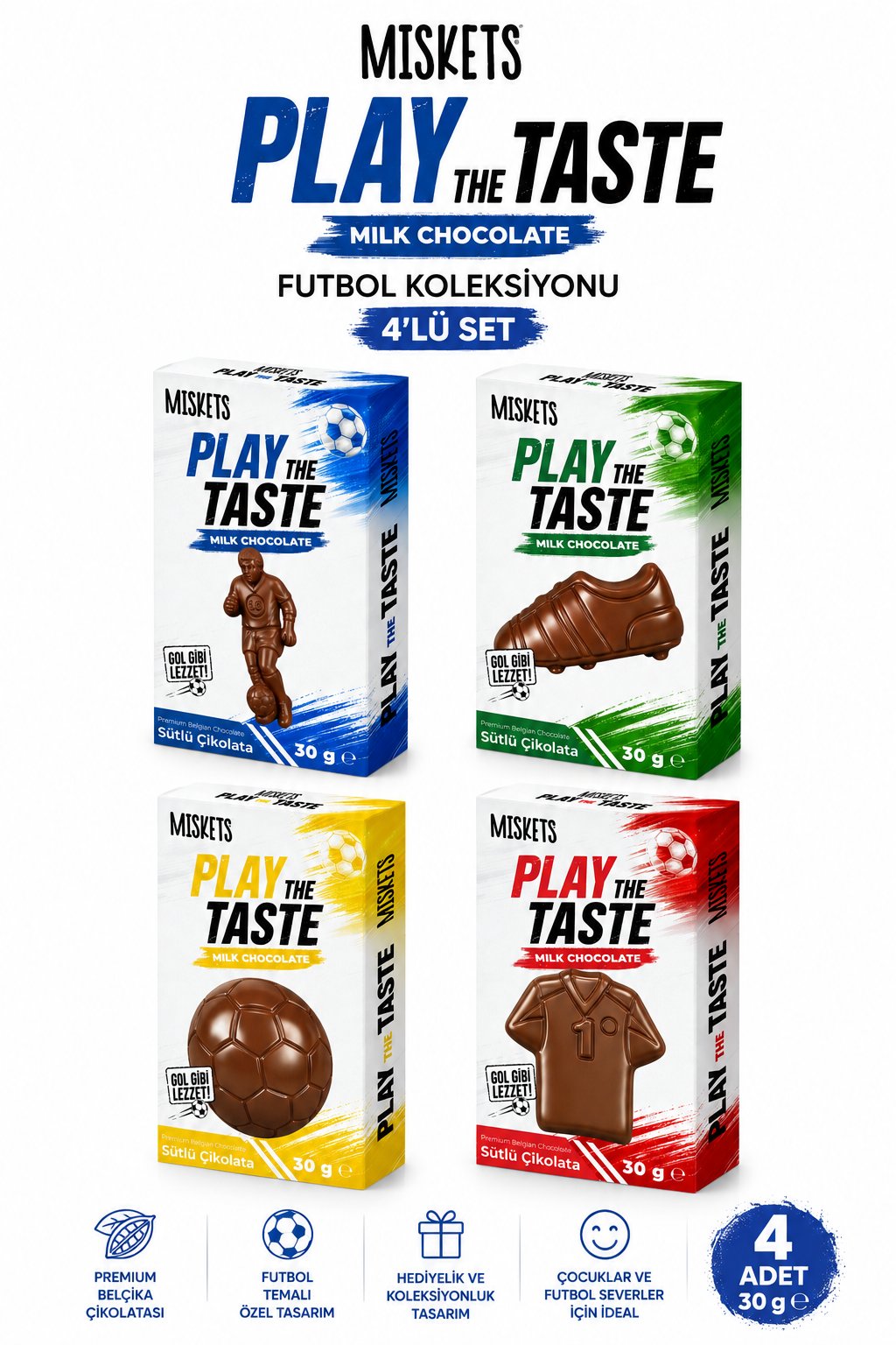 Miskets Play The Taste Futbol Koleksiyonu Şekilli Sütlü Çikolata 4'lü Set