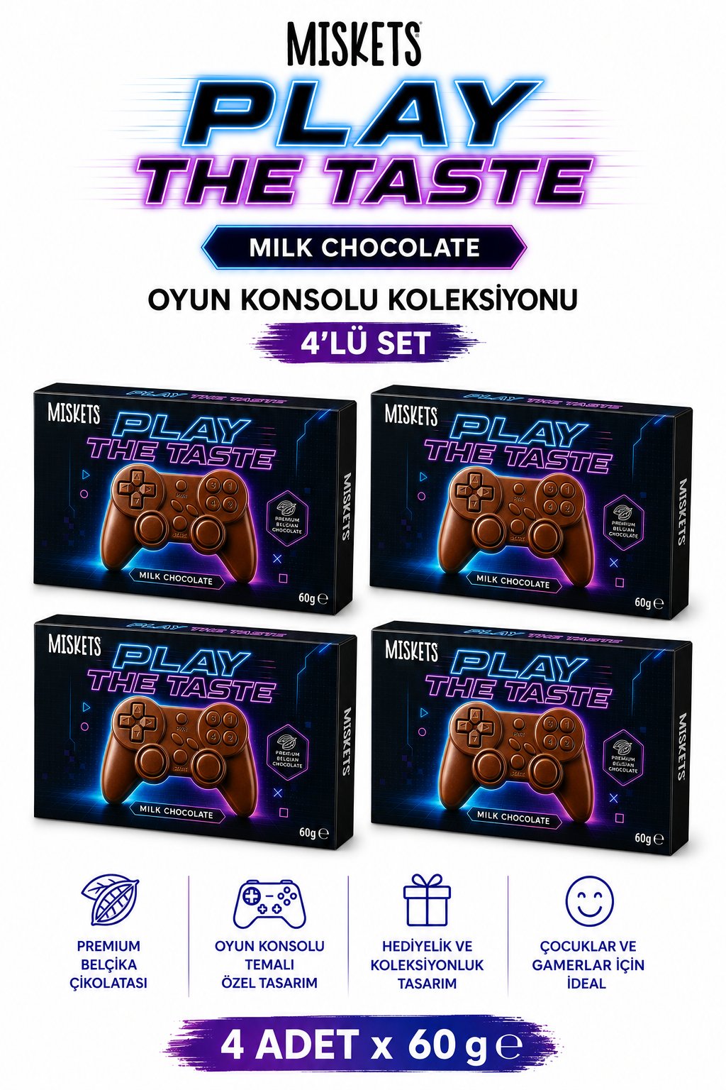 Miskets Play The Taste Gamer Oyun Konsolu Şekilli Sütlü Çikolata 4'lü Set