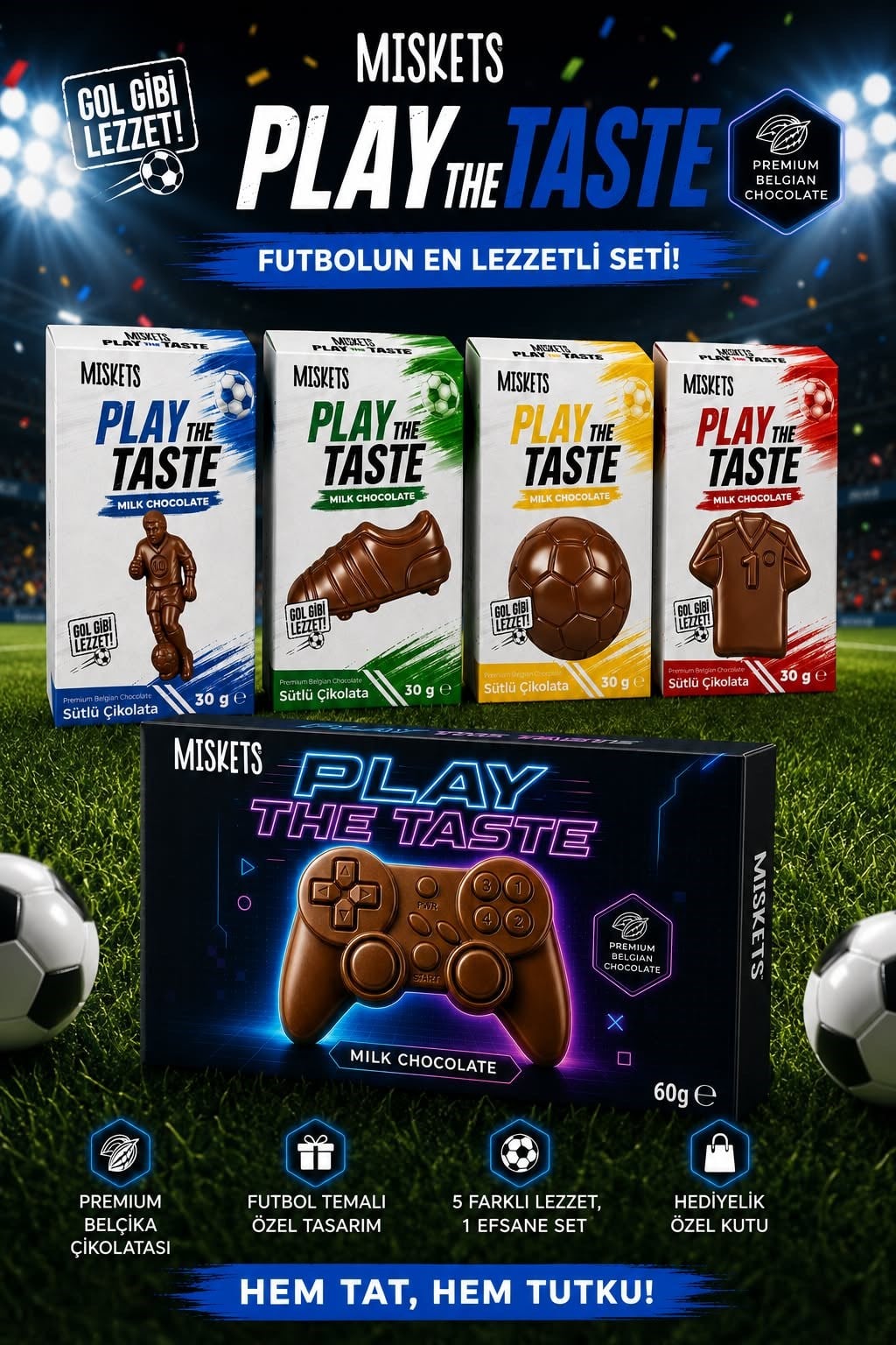 Miskets Play The Taste Şekilli Sütlü Çikolata Futbolcu Koleksiyon Seti 5'li