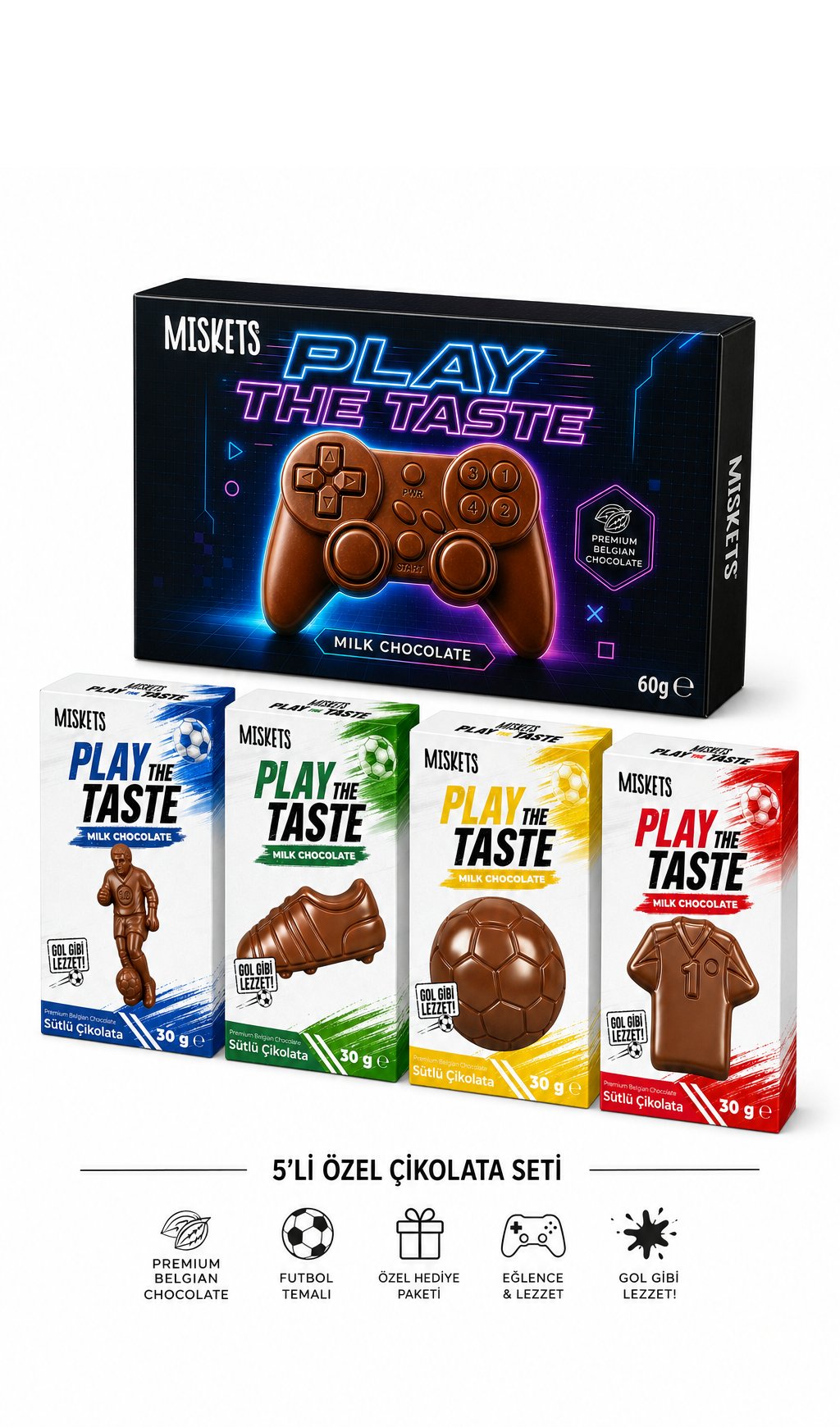 Miskets Play The Taste Şekilli Sütlü Çikolata Futbolcu Koleksiyon Seti 5'li