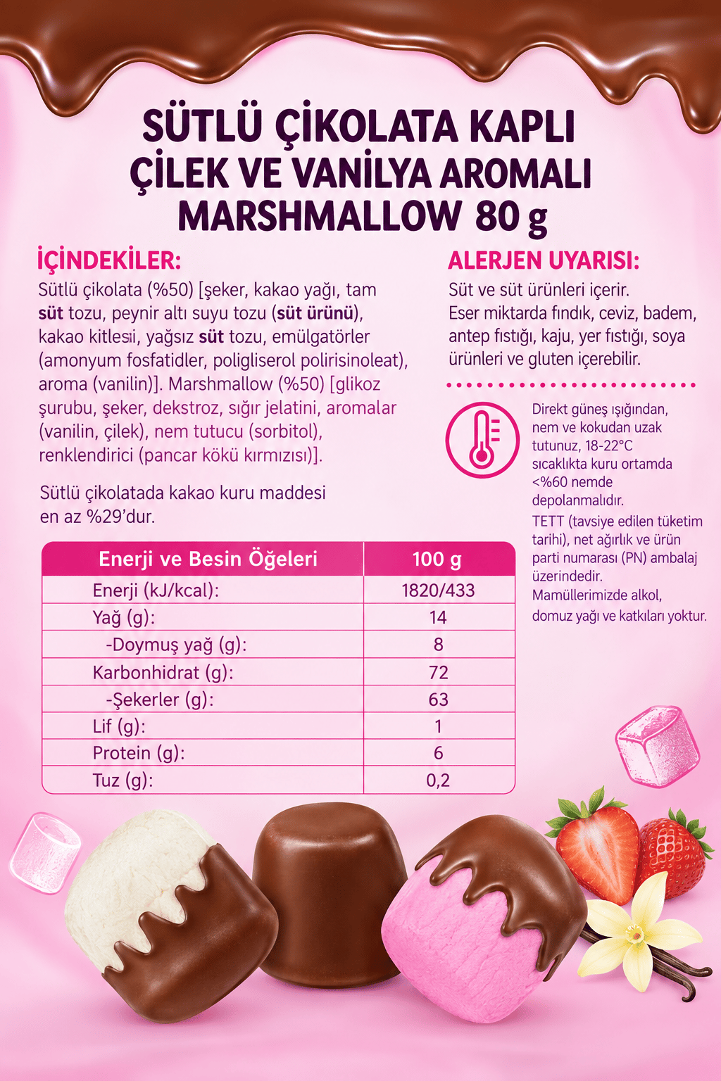 Sütlü Çikolata Kaplamalı Çilek Ve Vanilya Aromali Marshmallow 80 gr x 6 Adet