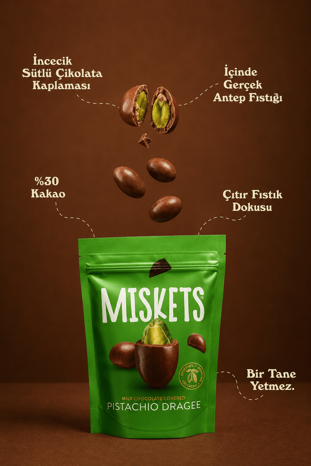 Sütlü Çikolata Kaplamalı Kavrulmuş Antep Fıstık Draje 70 G x 3 Adet