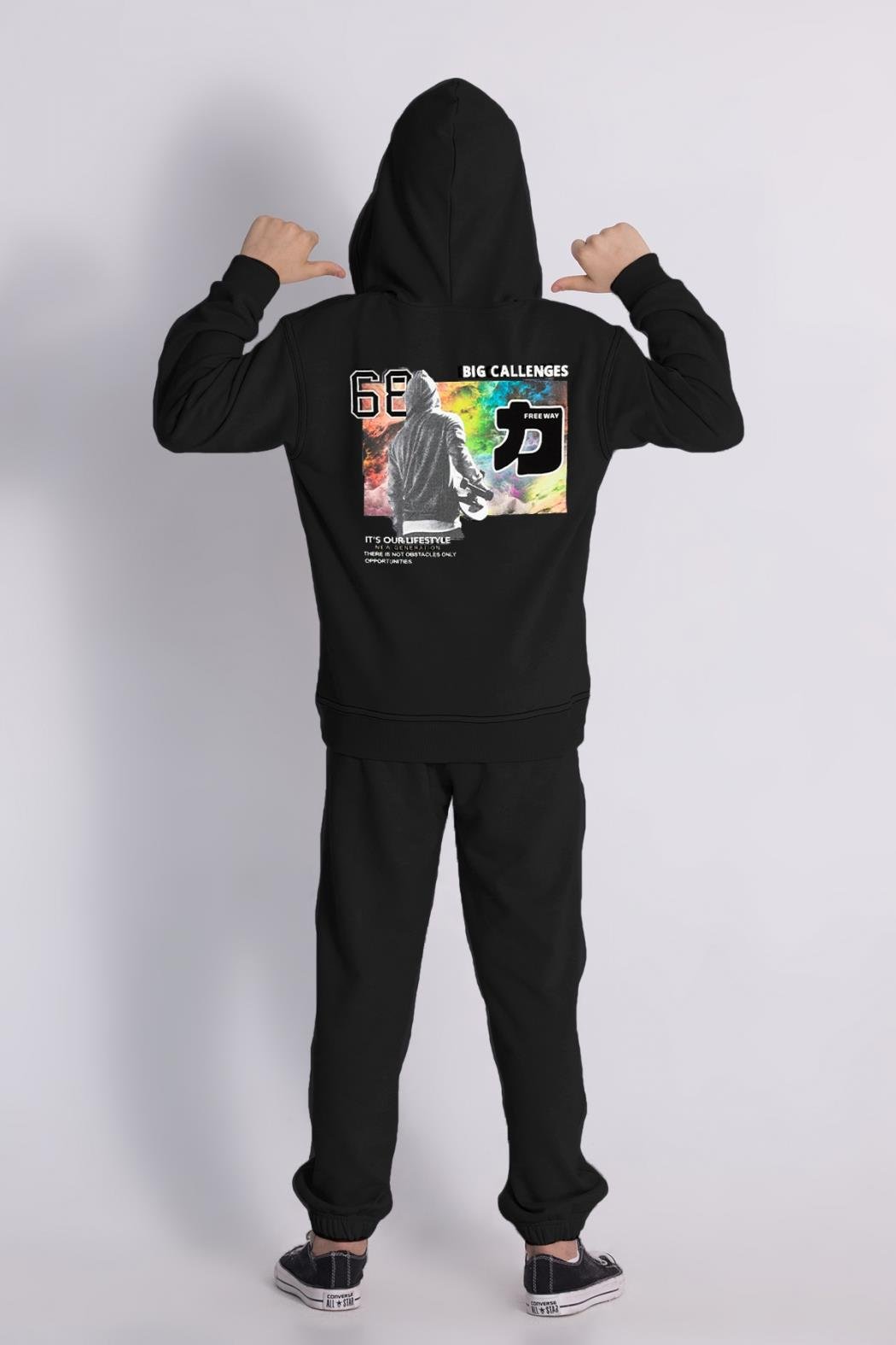 Erkek Çocuk / Genç Siyah Dijital Baskılı Kapüşonlu Sweatshirt Takımı (7-11 Yaş)