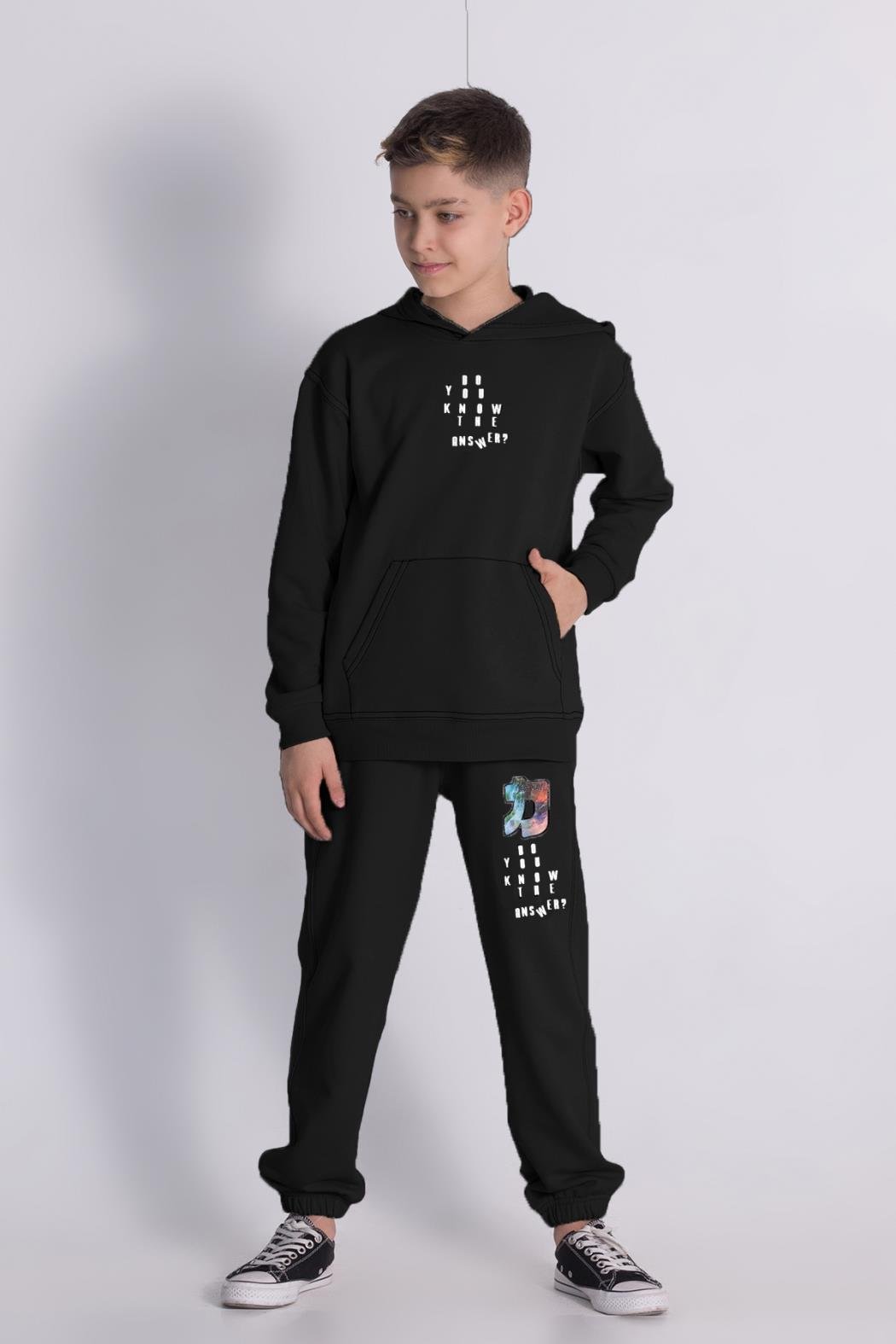 Erkek Çocuk / Genç Siyah Dijital Baskılı Kapüşonlu Sweatshirt Takımı (7-11 Yaş)