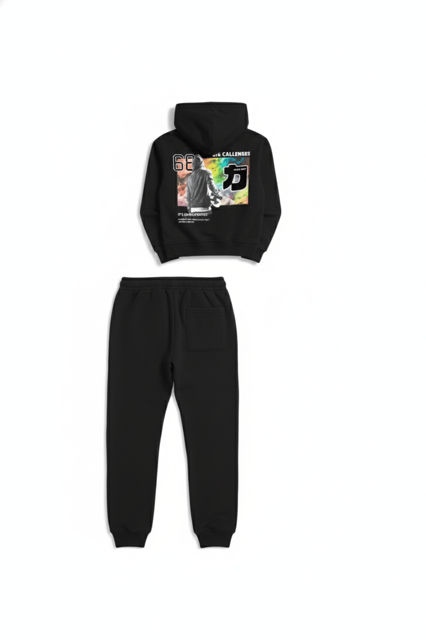 Erkek Çocuk / Genç Siyah Dijital Baskılı Kapüşonlu Sweatshirt Takımı (7-11 Yaş)