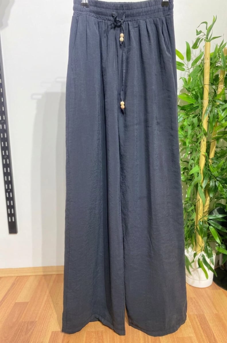 Kadın Belden Bağcıklı Bohem Geniş Paça Pantolon - Füme