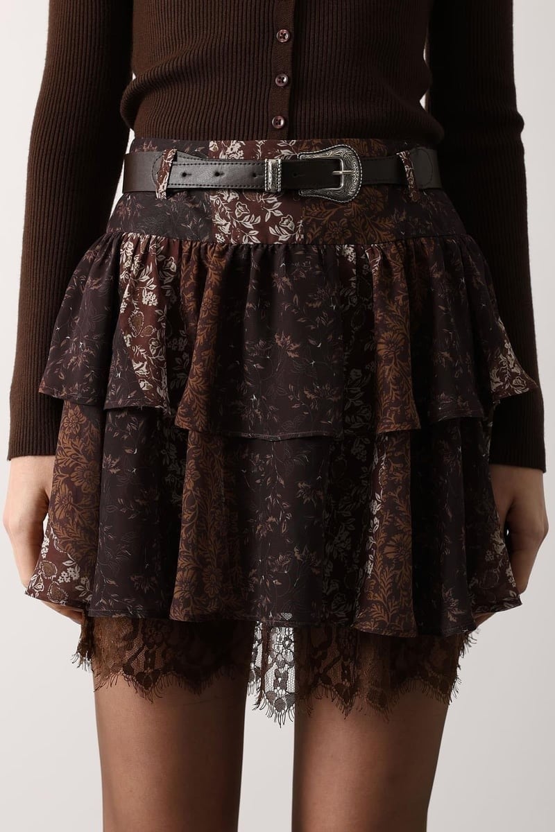 Kadın Kemerli ve Dantel Detaylı Volanlı Mini Etek - Kahve