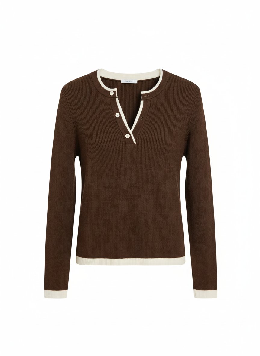 Kadın Krem Şeritli Henley Yaka Triko Bluz (Kahve)