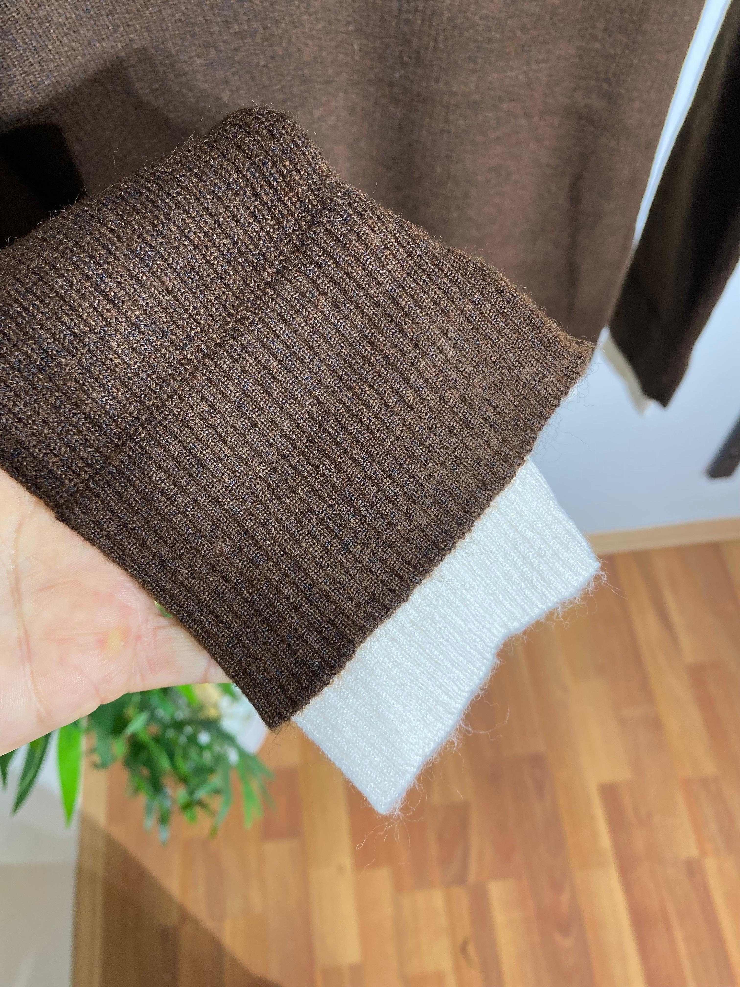 Kadın Krem Şeritli Henley Yaka Triko Bluz (Kahve)
