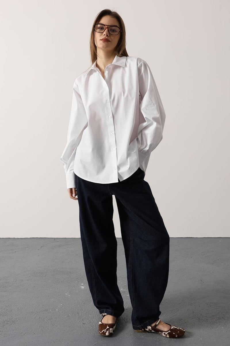 Kadın Oversize Basic Gömlek Beyaz