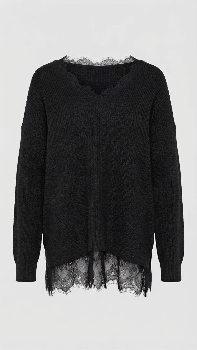 Kadın  Siyah Pembe V Yaka Dantel Detaylı Triko Kazak