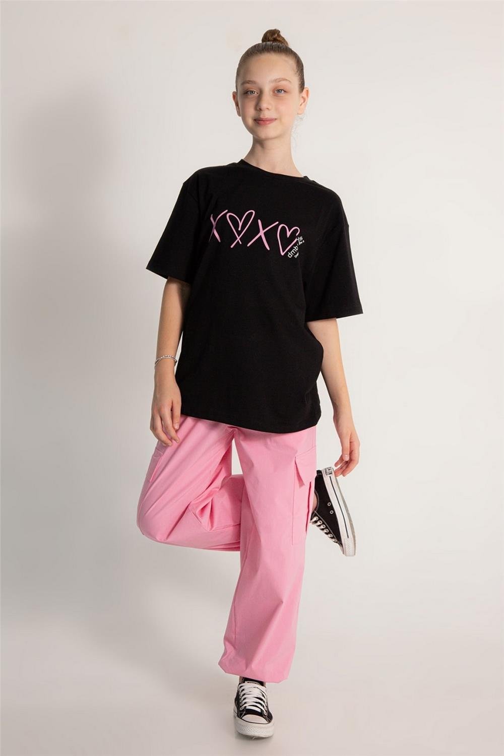 Kız Çocuk Baskılı  T-Shirt Kalp Detaylı