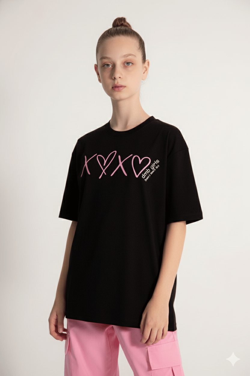 Kız Çocuk Baskılı  T-Shirt Kalp Detaylı